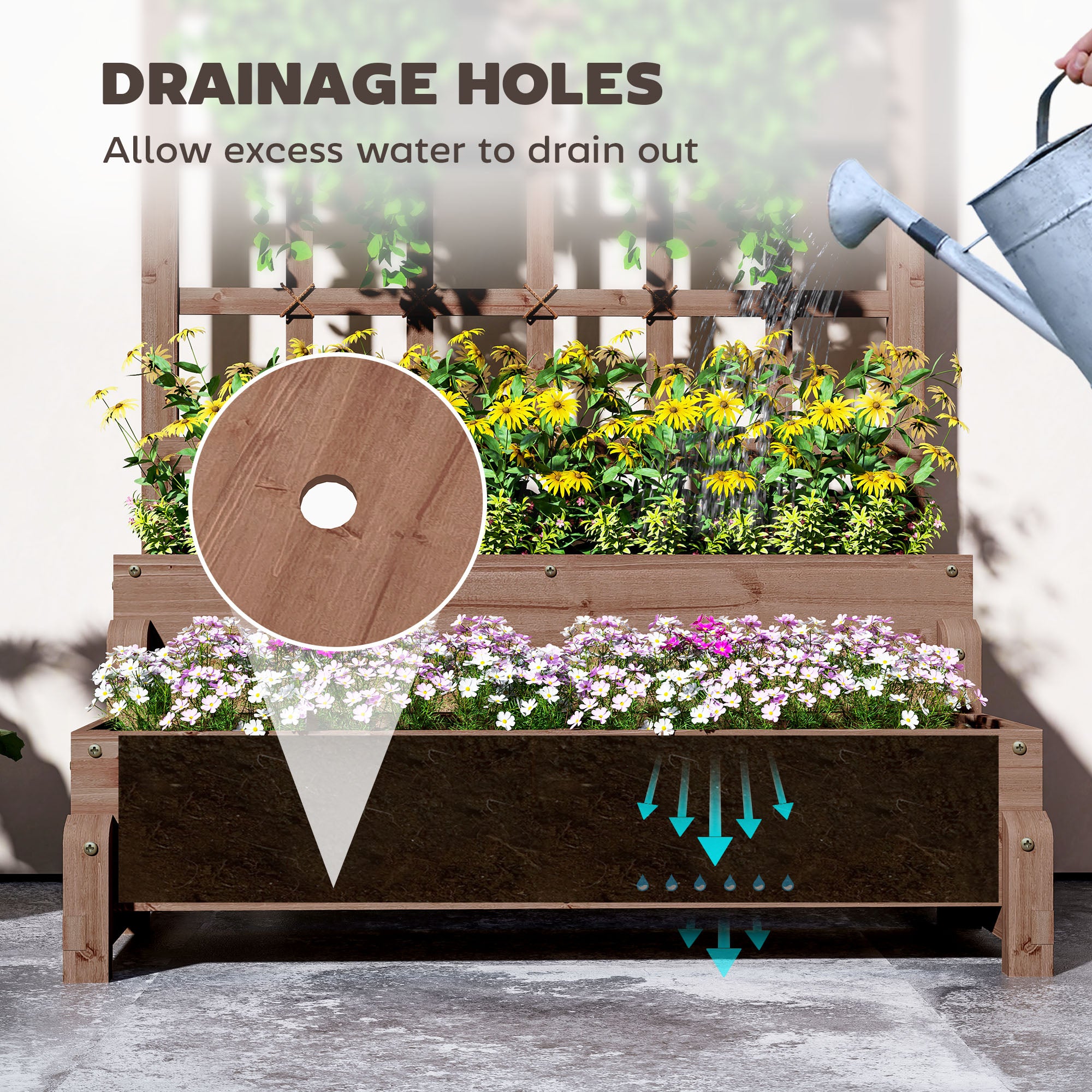 2-Tier Raised Garden Bed with Trellis and Drainage Holes, Elevated Wooden Planter, Brown