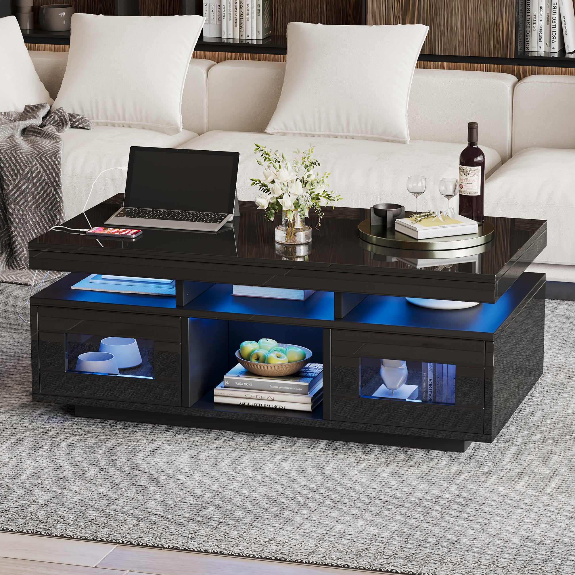 Coffee Table 100x50x43cm High-Gloss LED Lights Charging Port Black