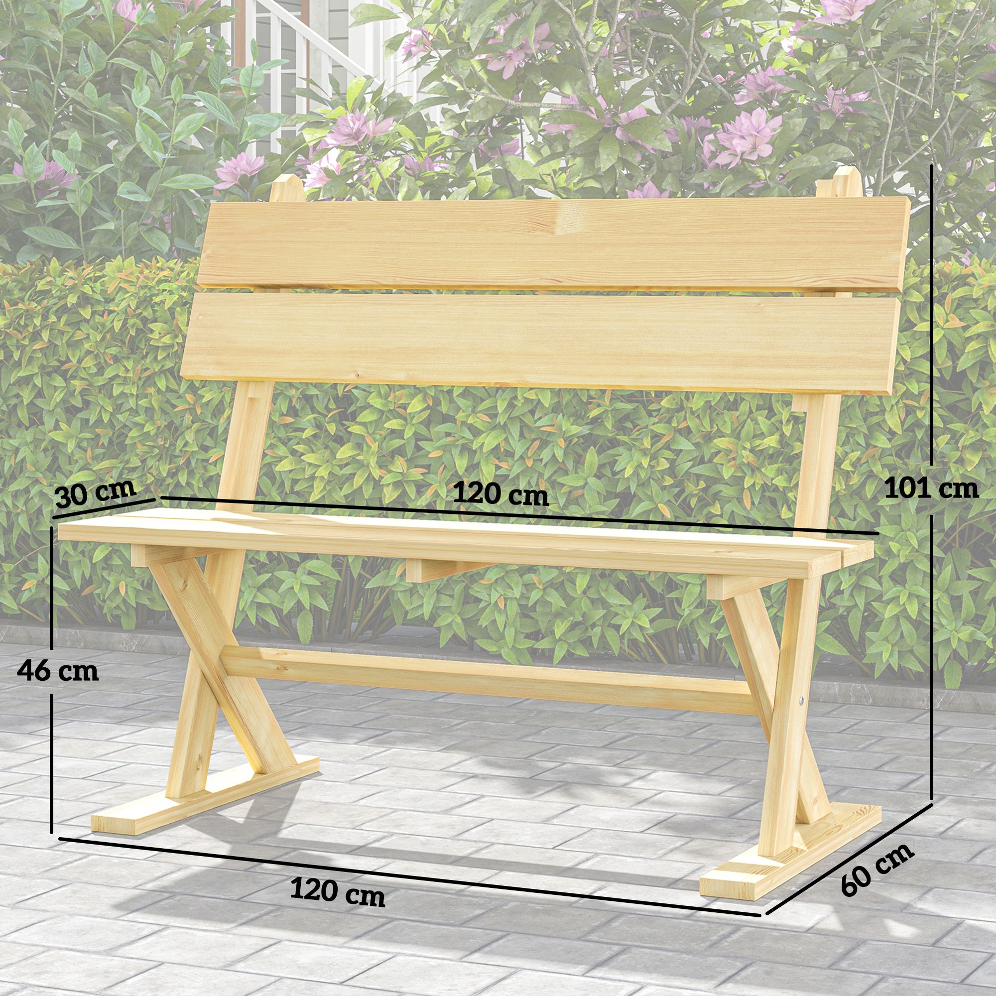 2 Seater Wooden Garden Bench, Outdoor Loveseat Slatted Seat Sloping Back, Fir Wood Natural Finish