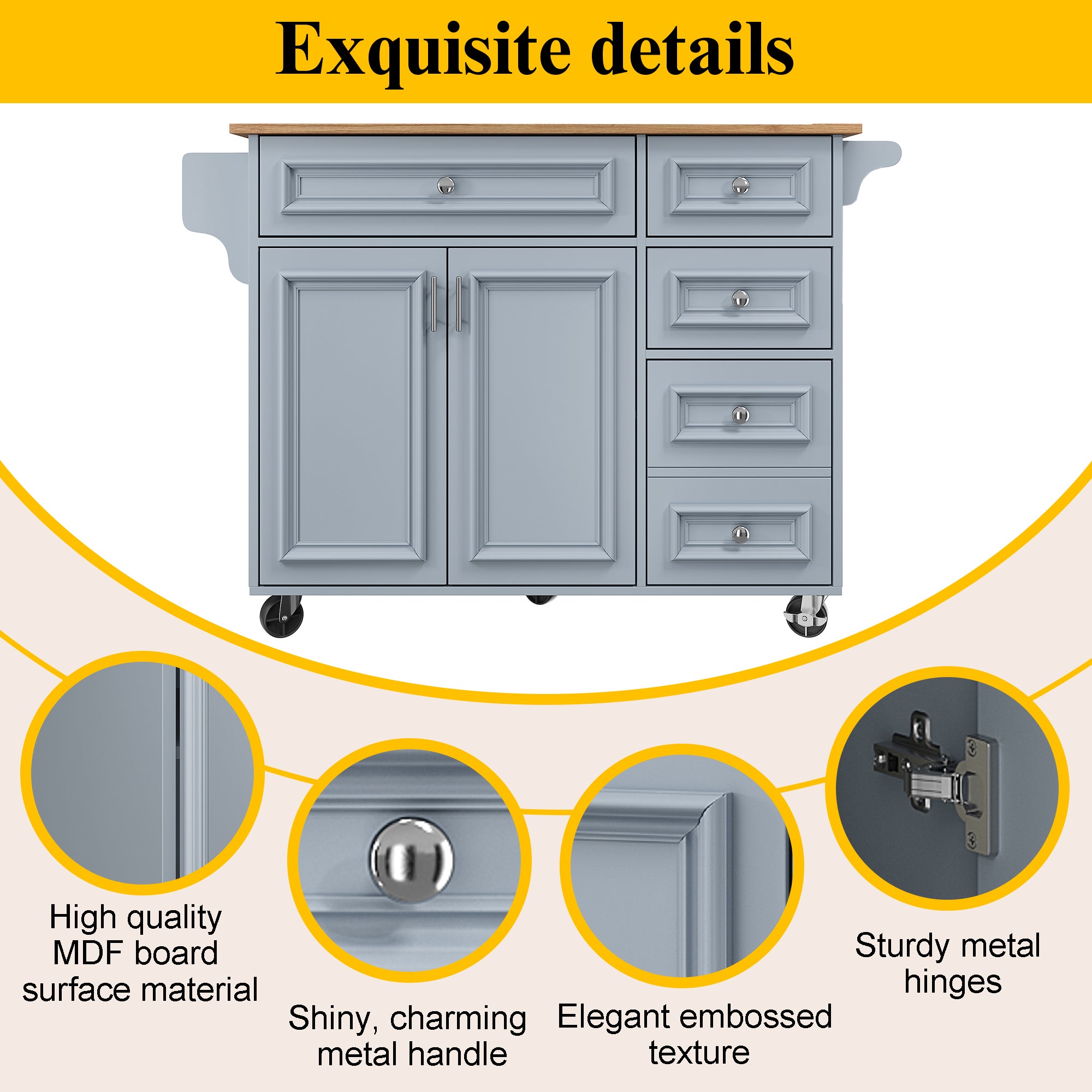 Kitchen Island 110cm Extendable Dining Table with Storage & Removable Trolley, Blue