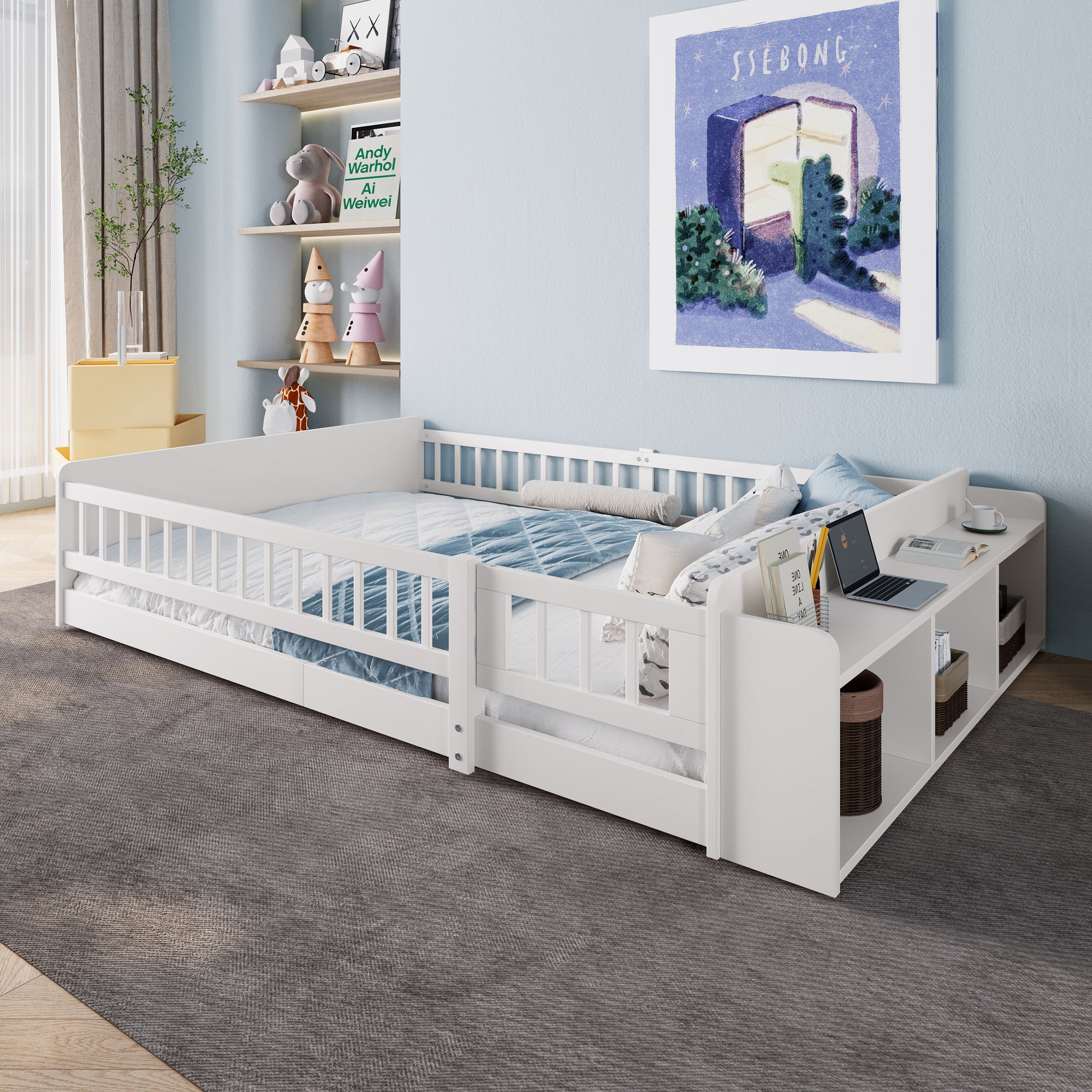 Wooden Children's Bed 140x200cm Open Storage Shelves Pine Wood - White