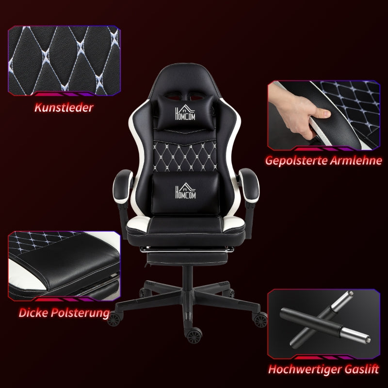 Gaming Chair with Footrest, Headrest & Cushion, Swivel, Adjustable Height Faux Leather Black and White