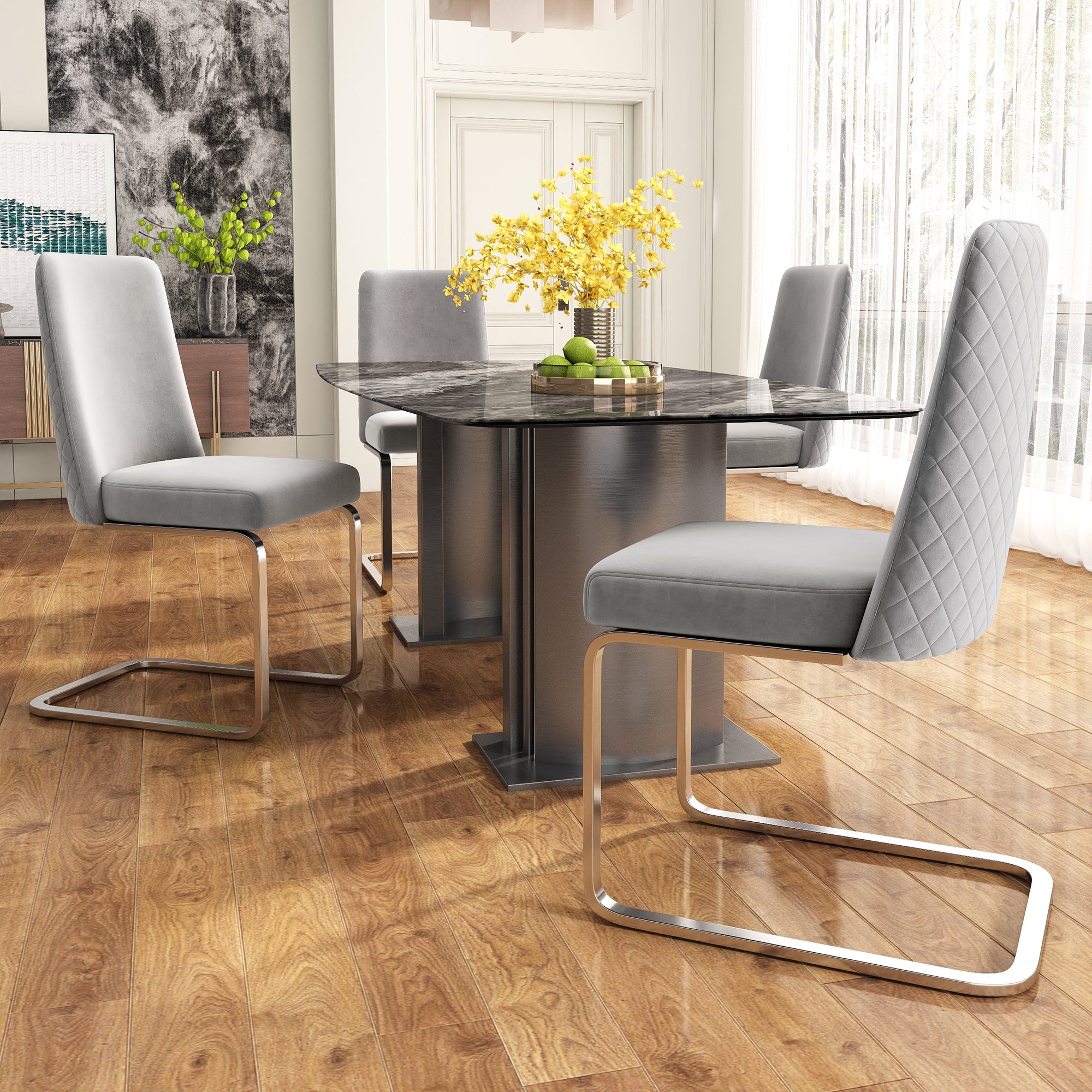 Velvet Dining Chair Set of 6, Diamond Back Design with Silver Metal Legs, Grey Velvet