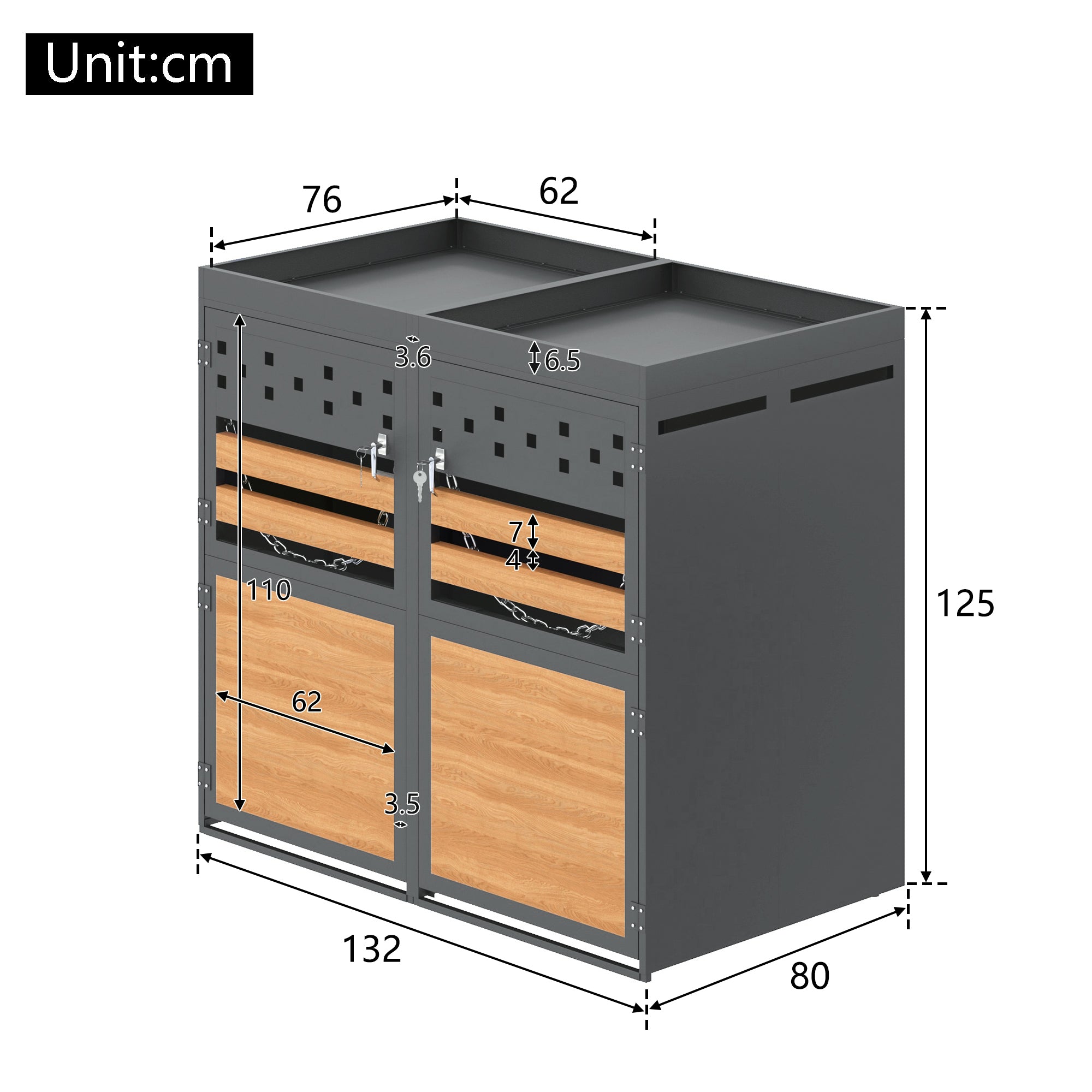 Garbage Can Storage Box for 2, with Planting Roof, 120-240 Liters, Anthracite Wood-Look