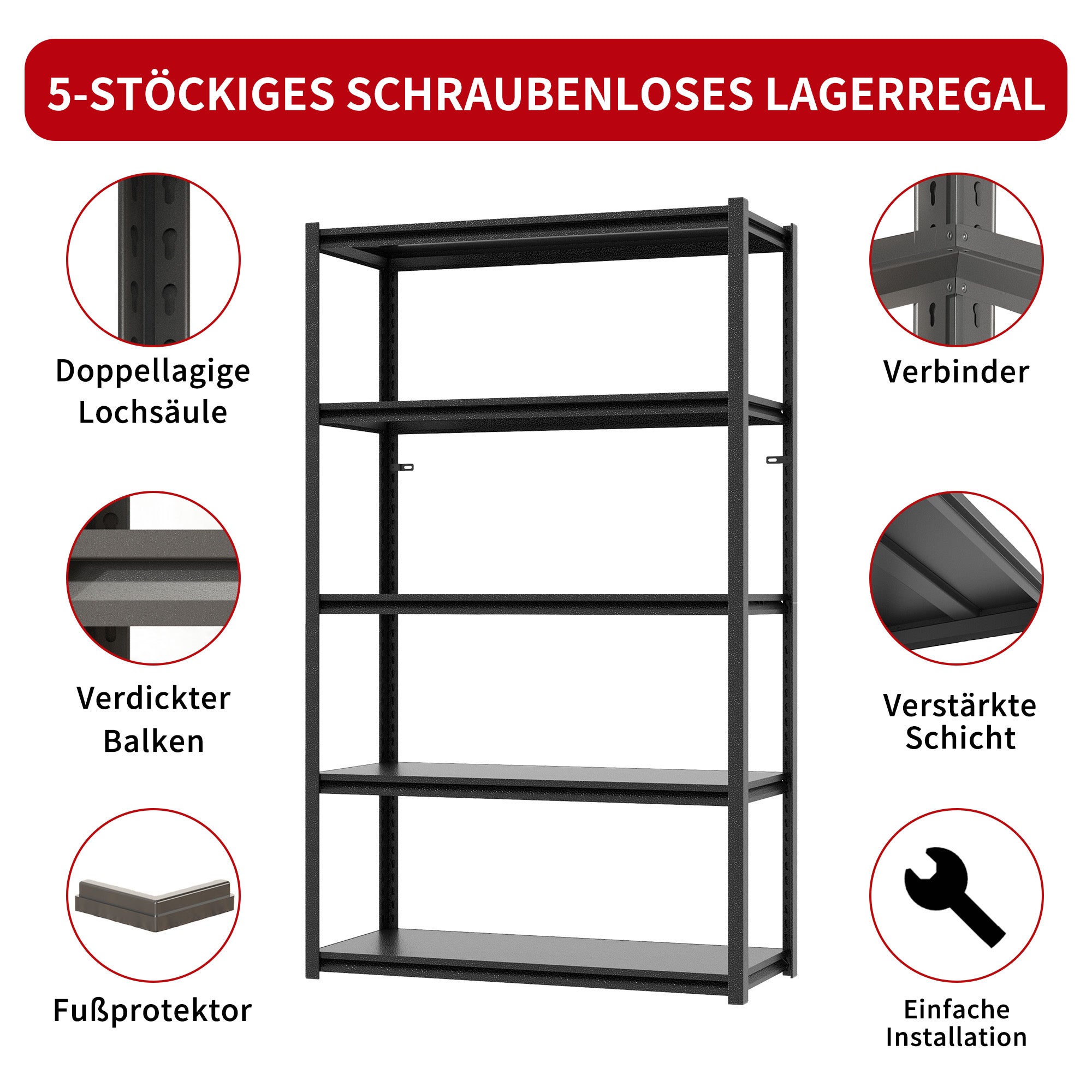 Heavy Duty Shelving Unit, 5 Shelves 650kg Load Capacity Height-Adjustable, Metal Black