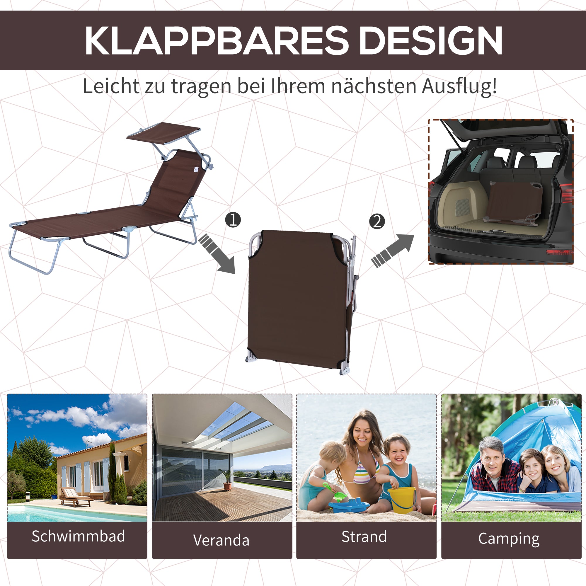 sun lounger foldable with sun protection, brown