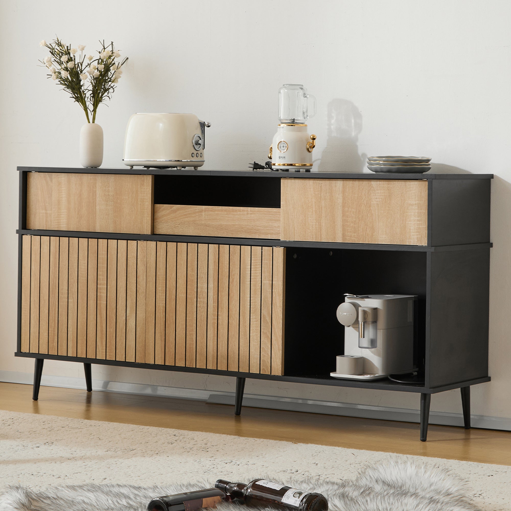 Chest of drawers with 4 sliding doors and 1 drawer, oak and black, 160W x 40D x 80H