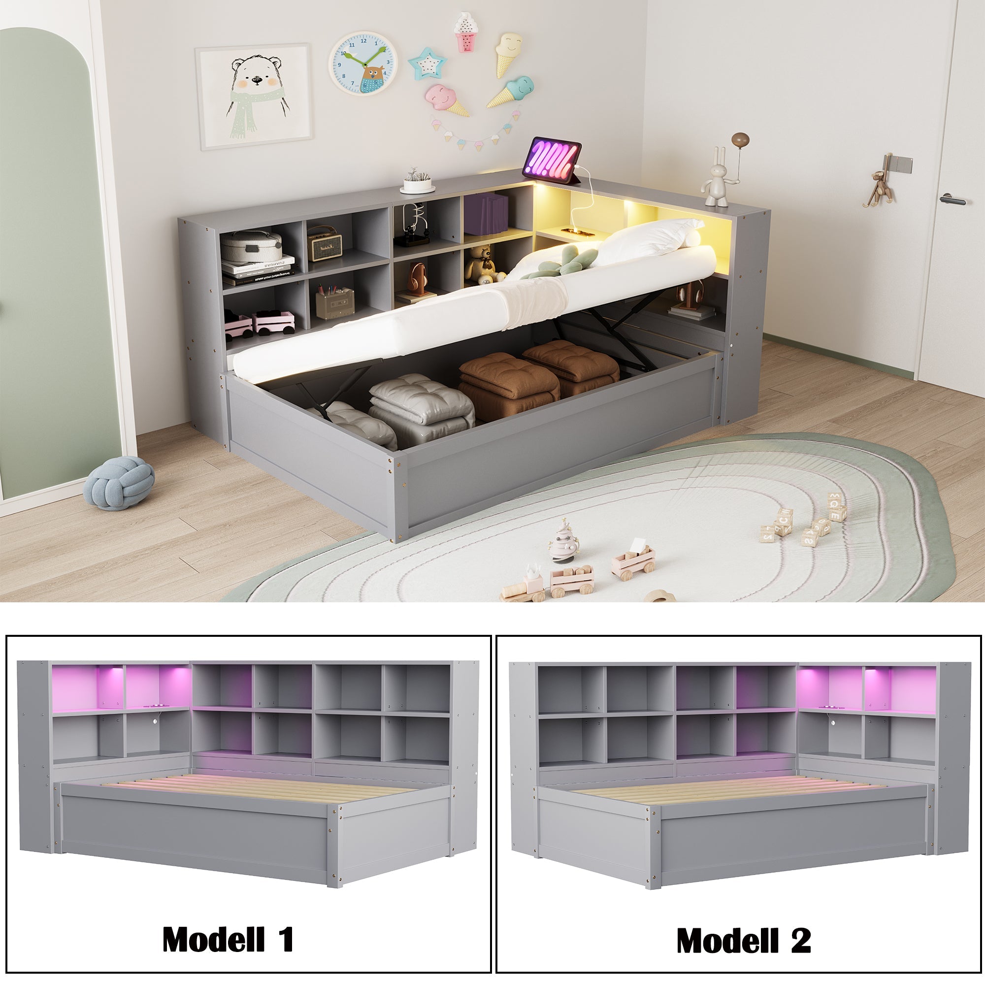 Sofa bed 90*200, multiple sockets, storage, light bar, hydraulic, solid wood, single, multifunctional wooden, gray
