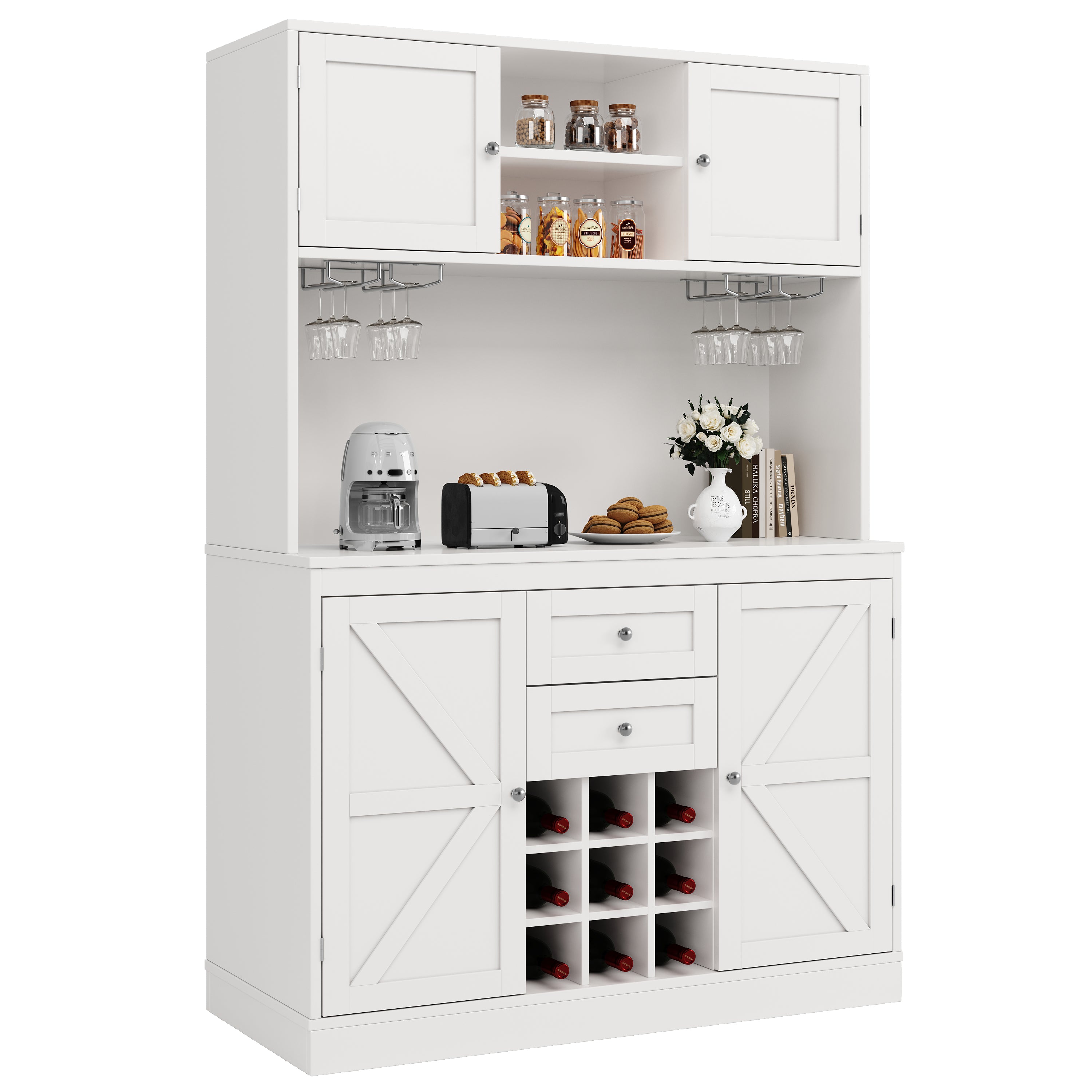 Tall Kitchen Cabinet Buffet with Adjustable Shelves Wine Rack 4 Doors 2 Drawers - White