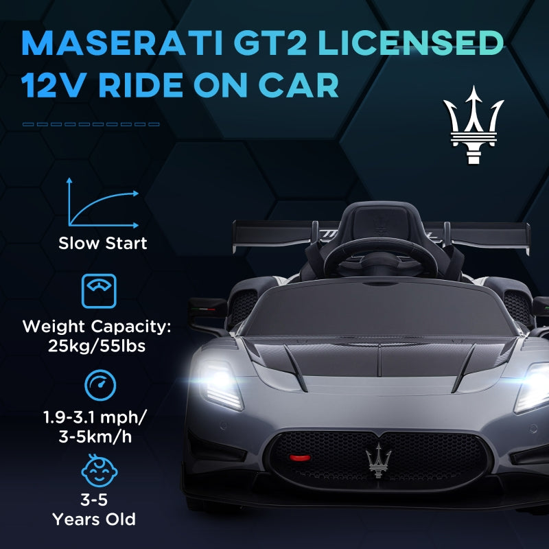Maserati GT2 Licensed 12V Electric Ride On Car with Suspension Wheels, Remote Control, Music, Horn, Lights, Grey