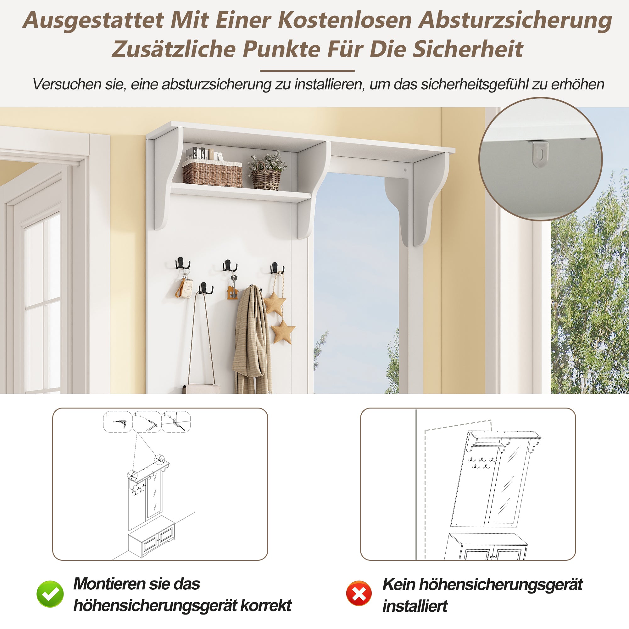 Wardrobe with Mirror, 5 Hooks, 2 Cabinets, White