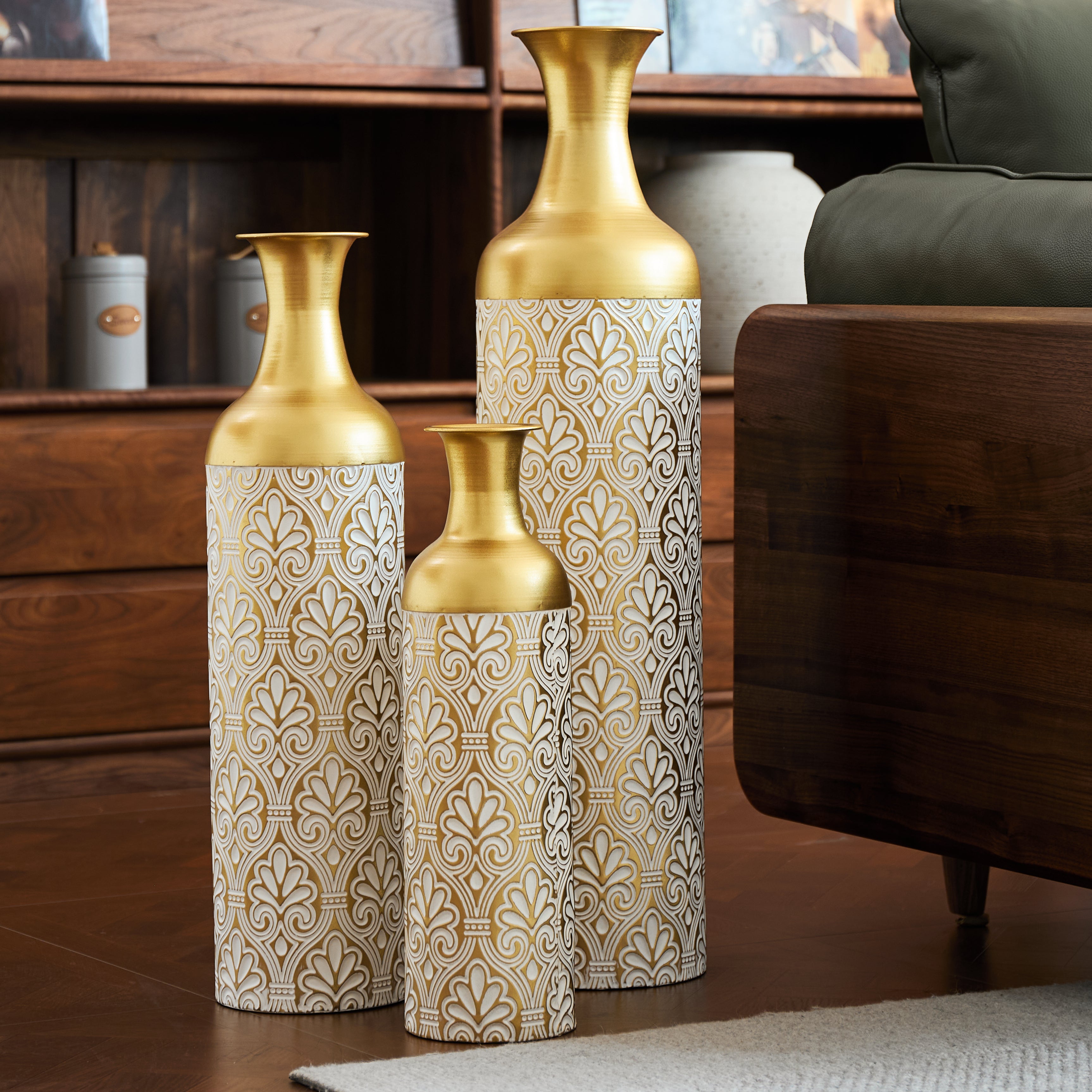 Floor Vase Set 3 Large Decorative 83/65/50cm High White Gold Metal