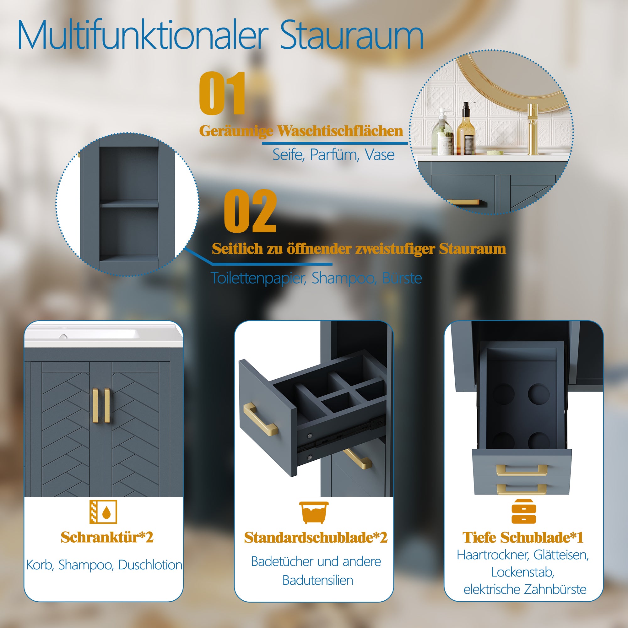 Bathroom Vanity Unit with Ceramic Sink and 3 Drawers, Blue