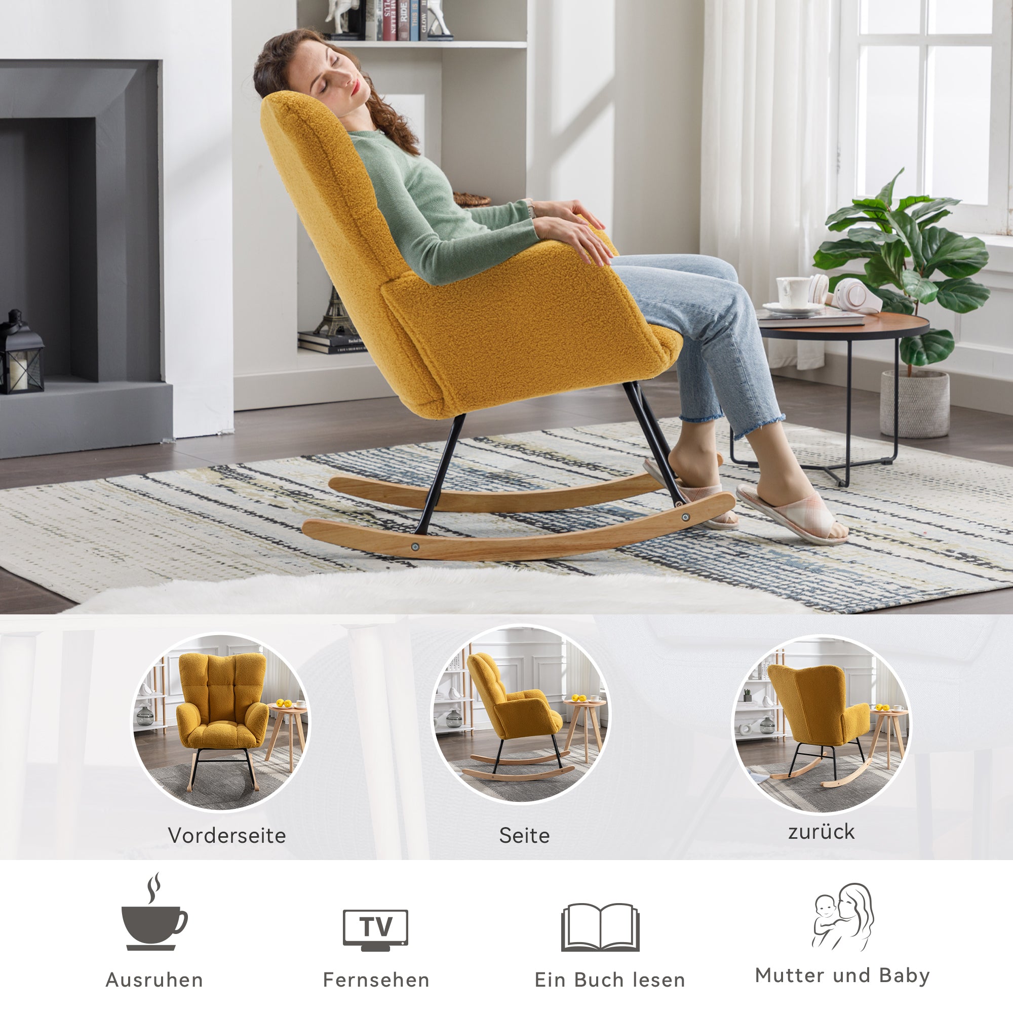 Mid Century Modern Rocking Chair with Tufted Cover, Padded Seat, Teddy Fabric, Yellow