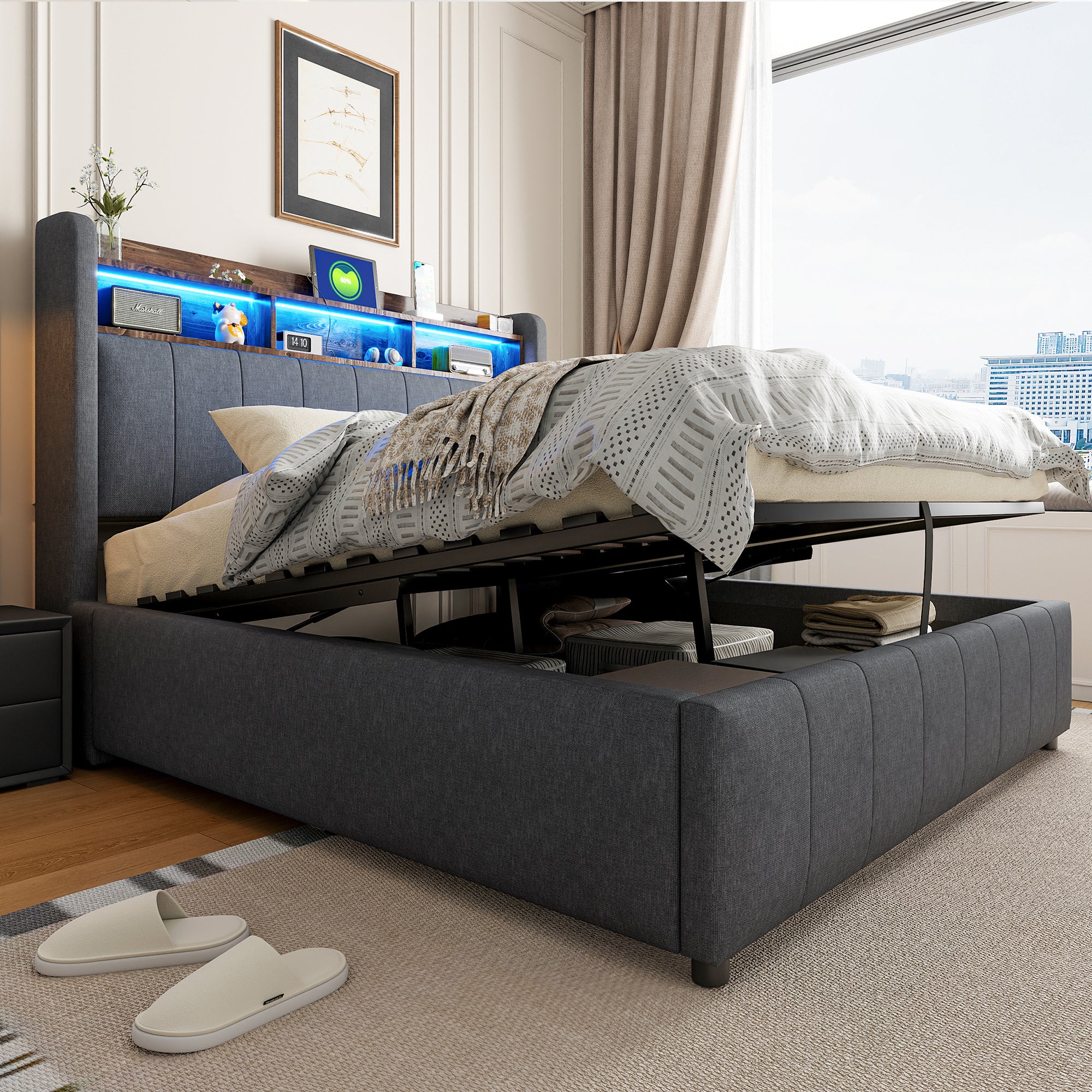 Upholstered Bed 140x200cm, LED & USB, Hydraulic Storage, Grey Linen