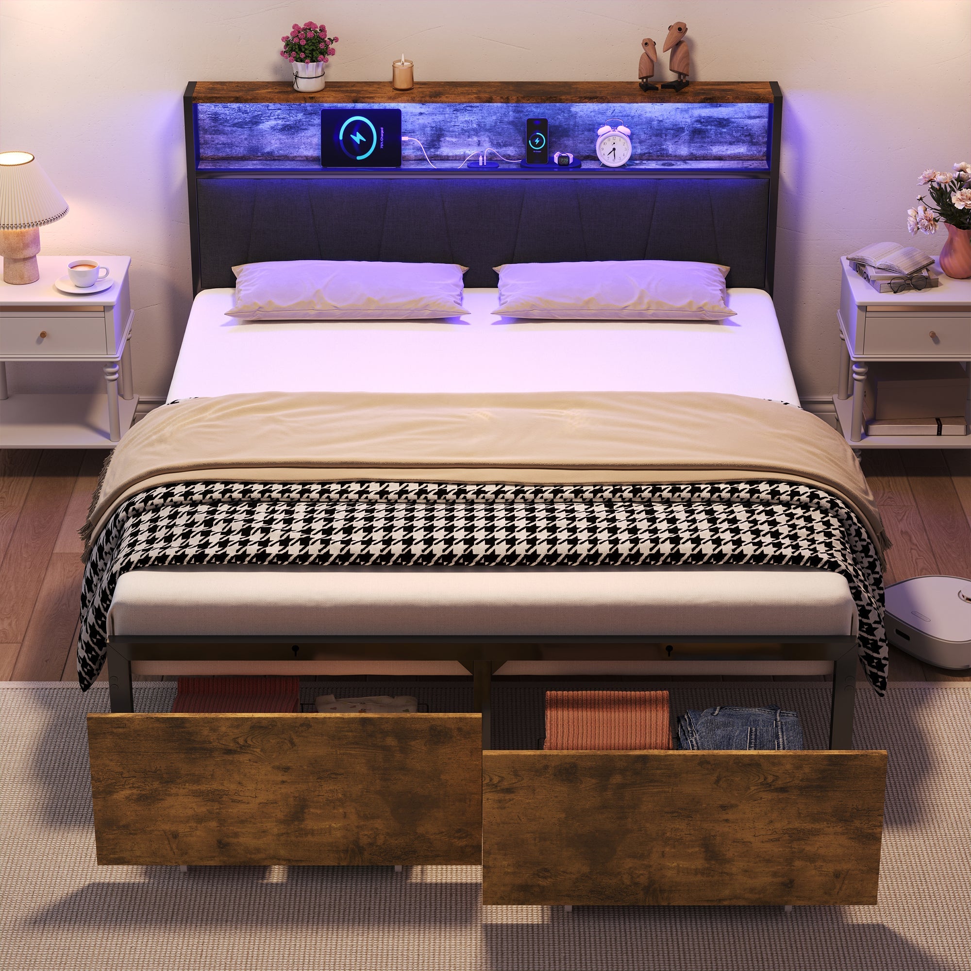 4ft6 Double Bed Frame with 2 Storage Drawers, RGB LED Storage Headboard & Charging Station, Black+Walnut