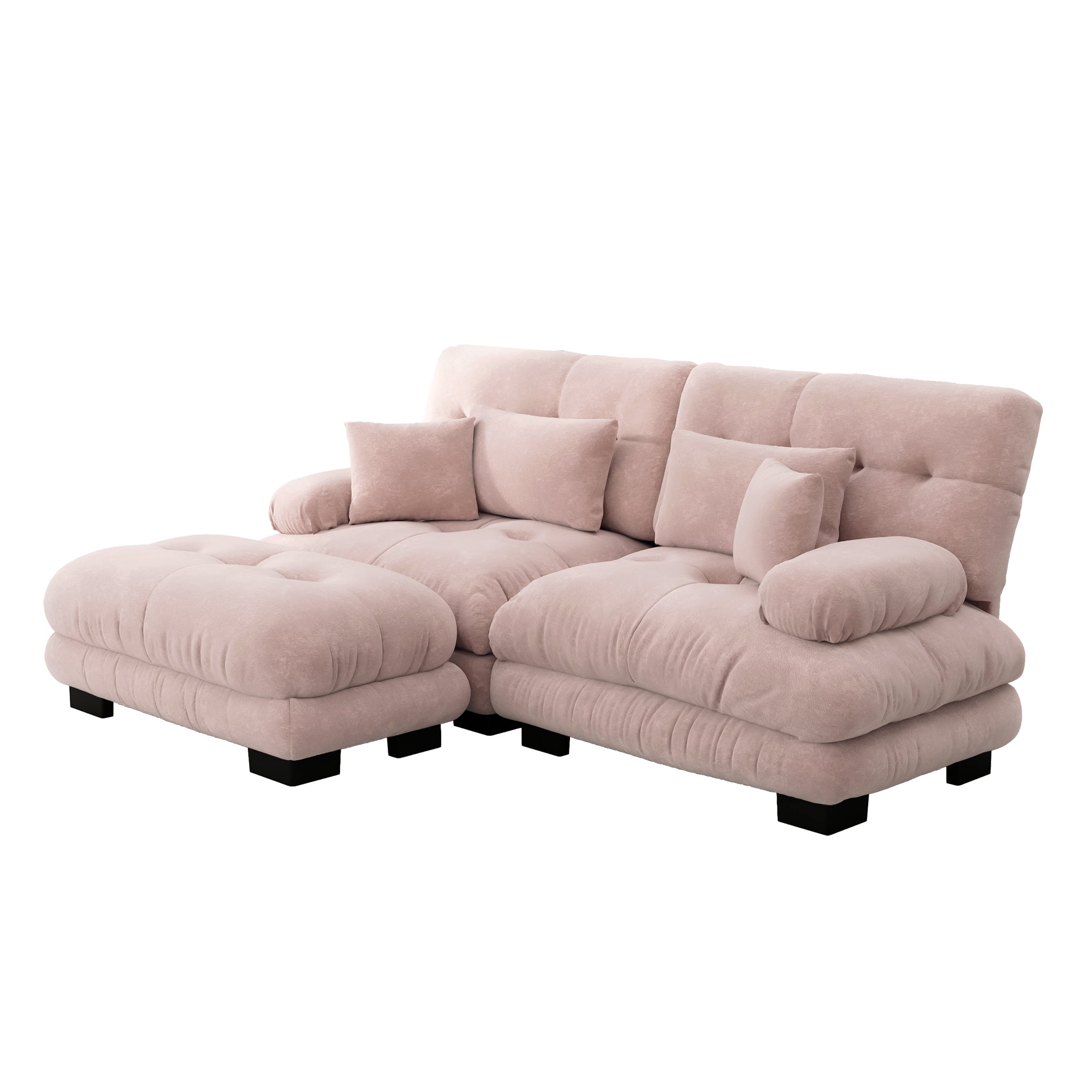 Cloud Corner Sofa, Double Sofa with Lumbar & Decorative Pillows, Ottoman, Chenille Pink