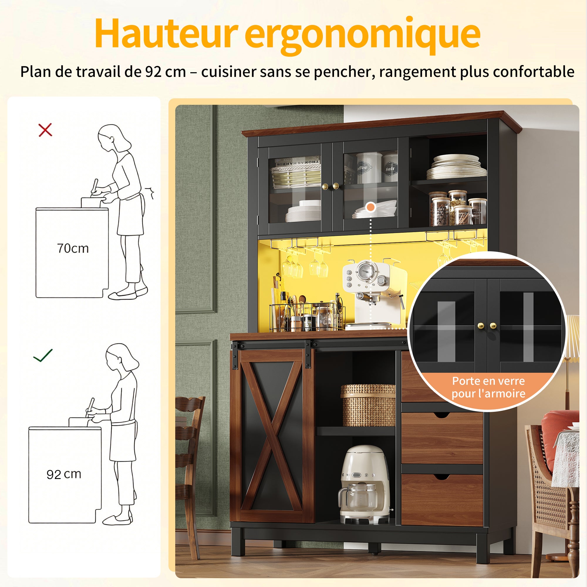 Modern Tall Sideboard Cabinet with LED App Control and Sliding Door, Black