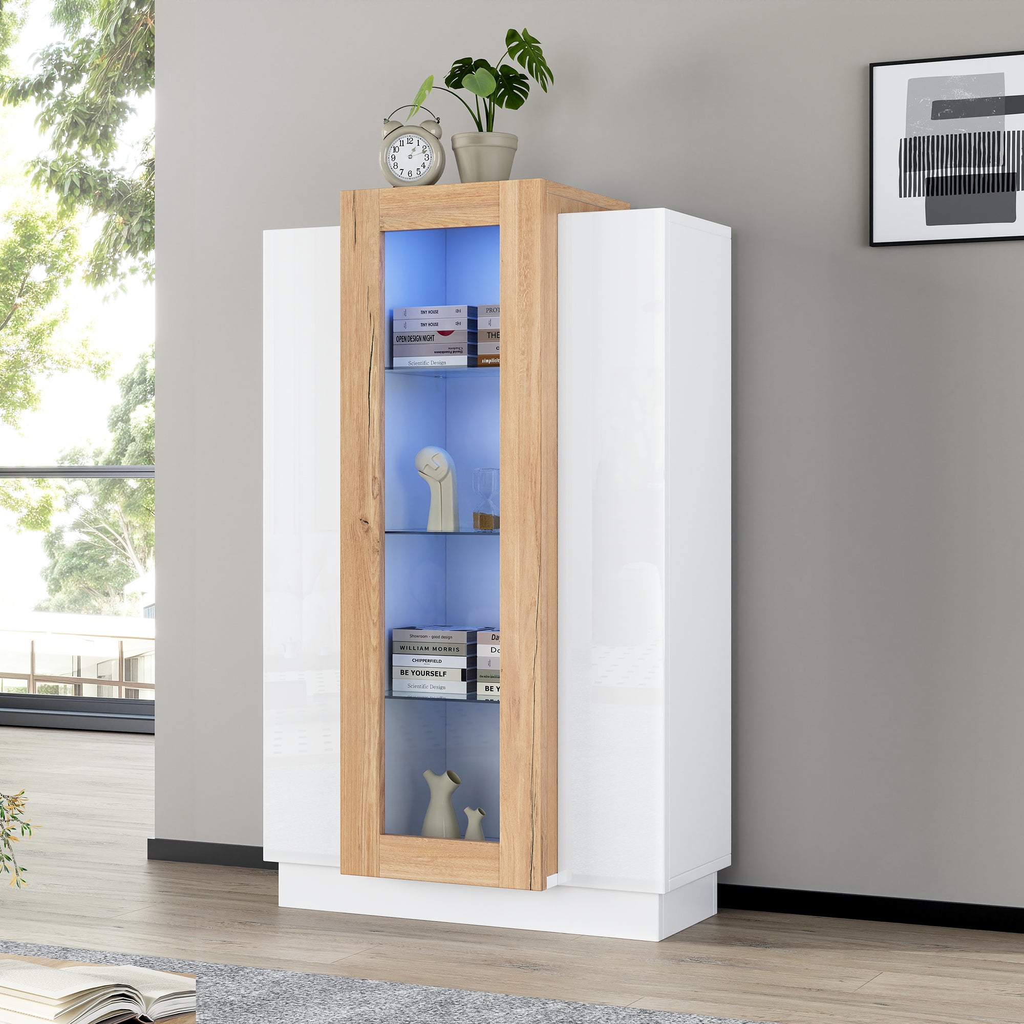 Living Room Cabinet, 3-Door High-Gloss LED Display, Glass Shelves & Drawer, Transparent
