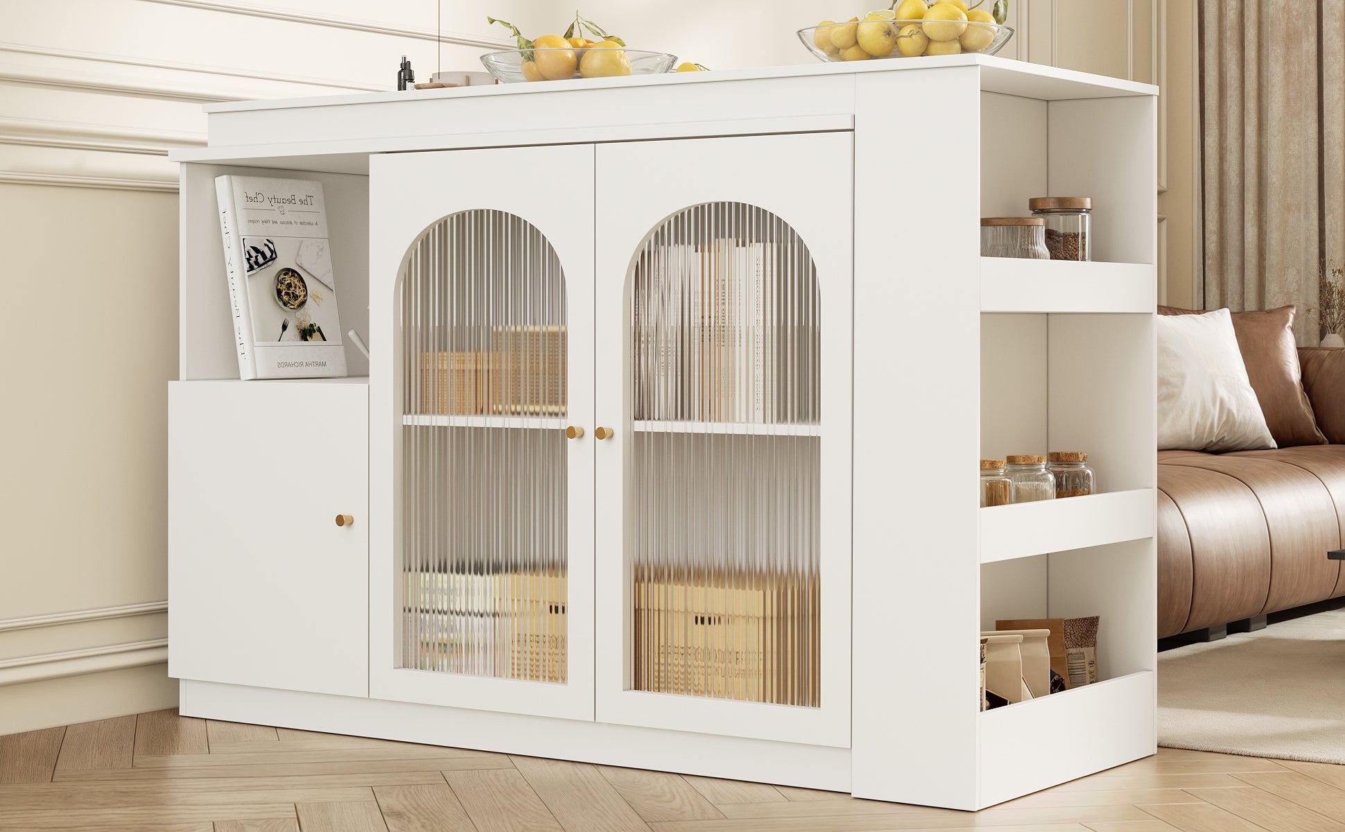 Bar Table, 360° Rotating Dining Cabinet with Glass Door, White