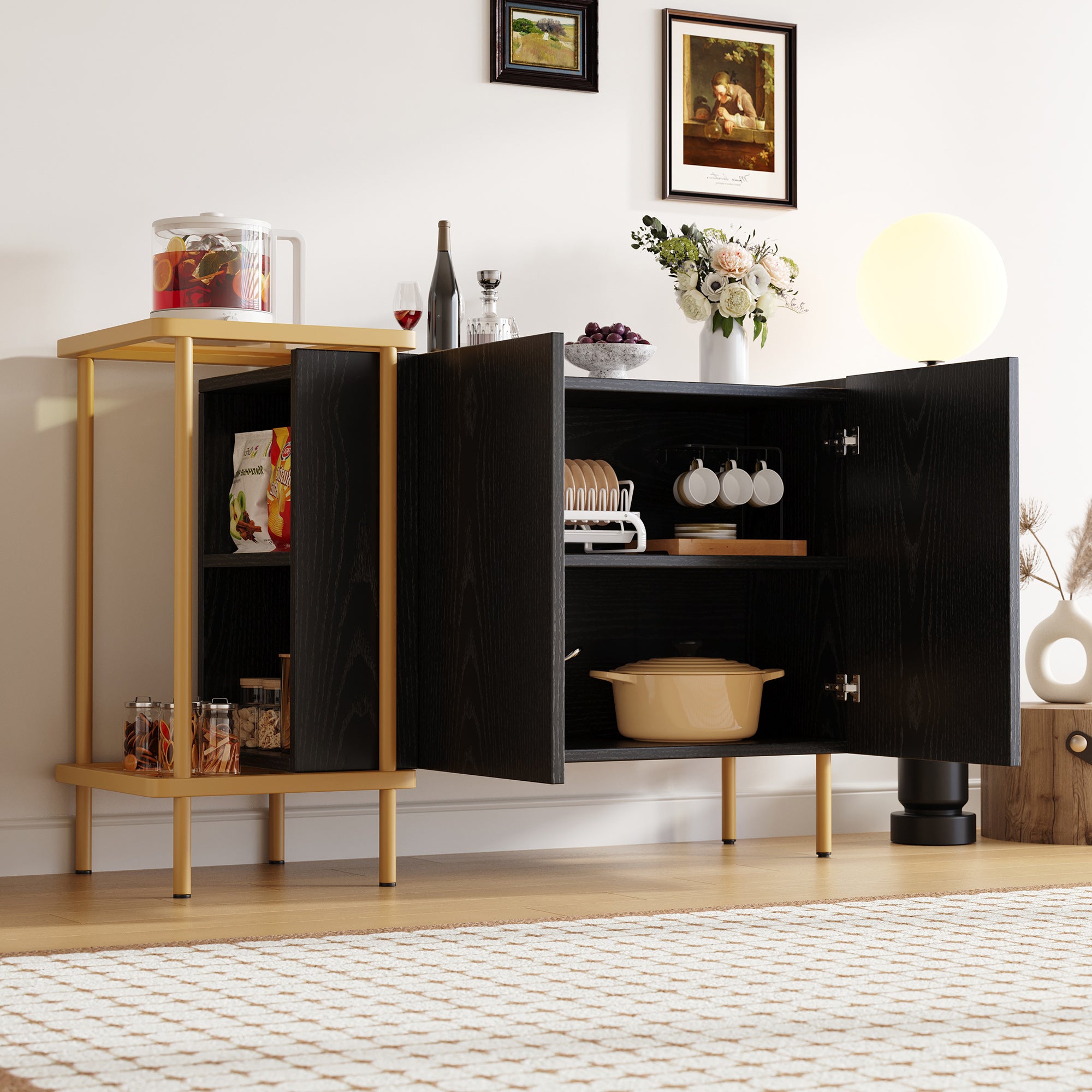 Sideboard Cabinet, 2 Doors & 2 Open Compartments, Metal/Glass, Black