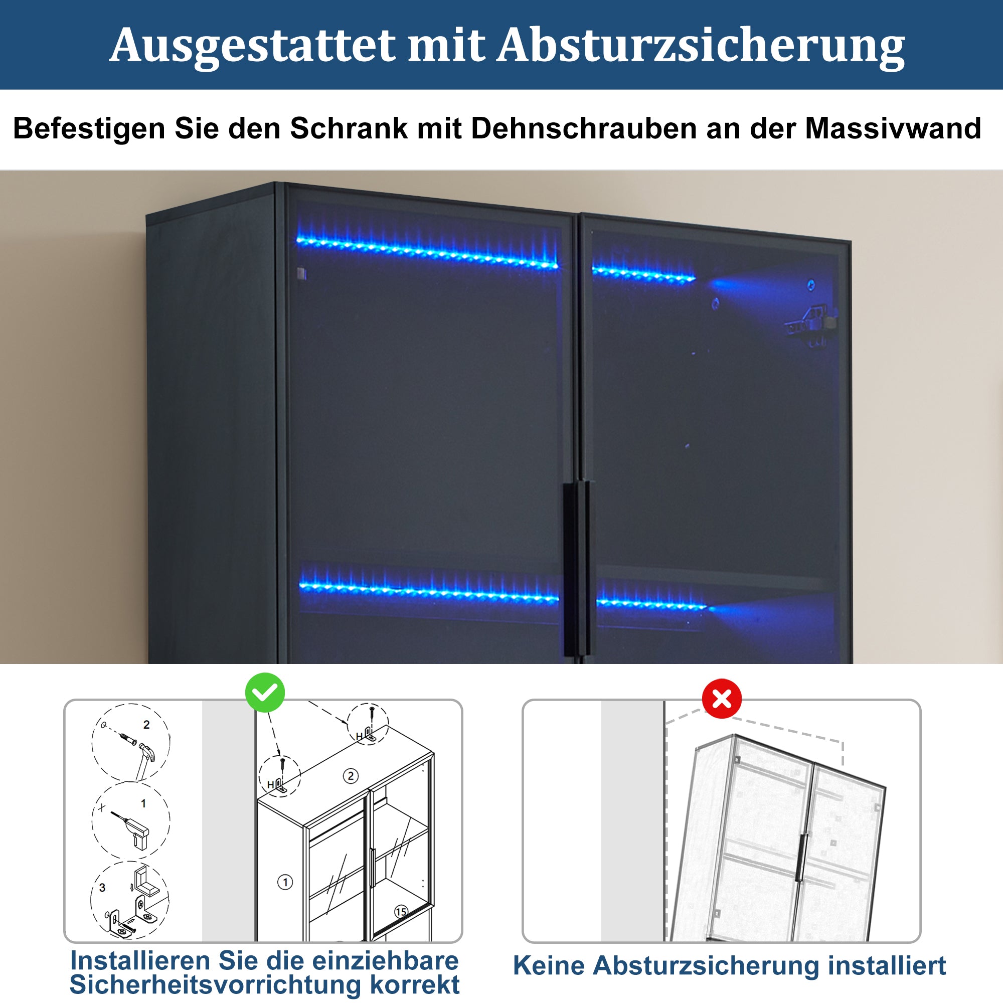 Modern Minimalist Display Cabinet, Glass Doors, LED Lights, White/Black
