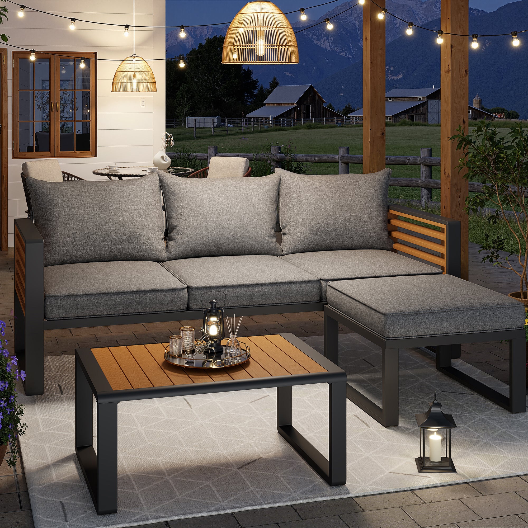 Garden Lounge Set 3-4 Seater Modern Outdoor Sofa - Galvanized Iron Frame