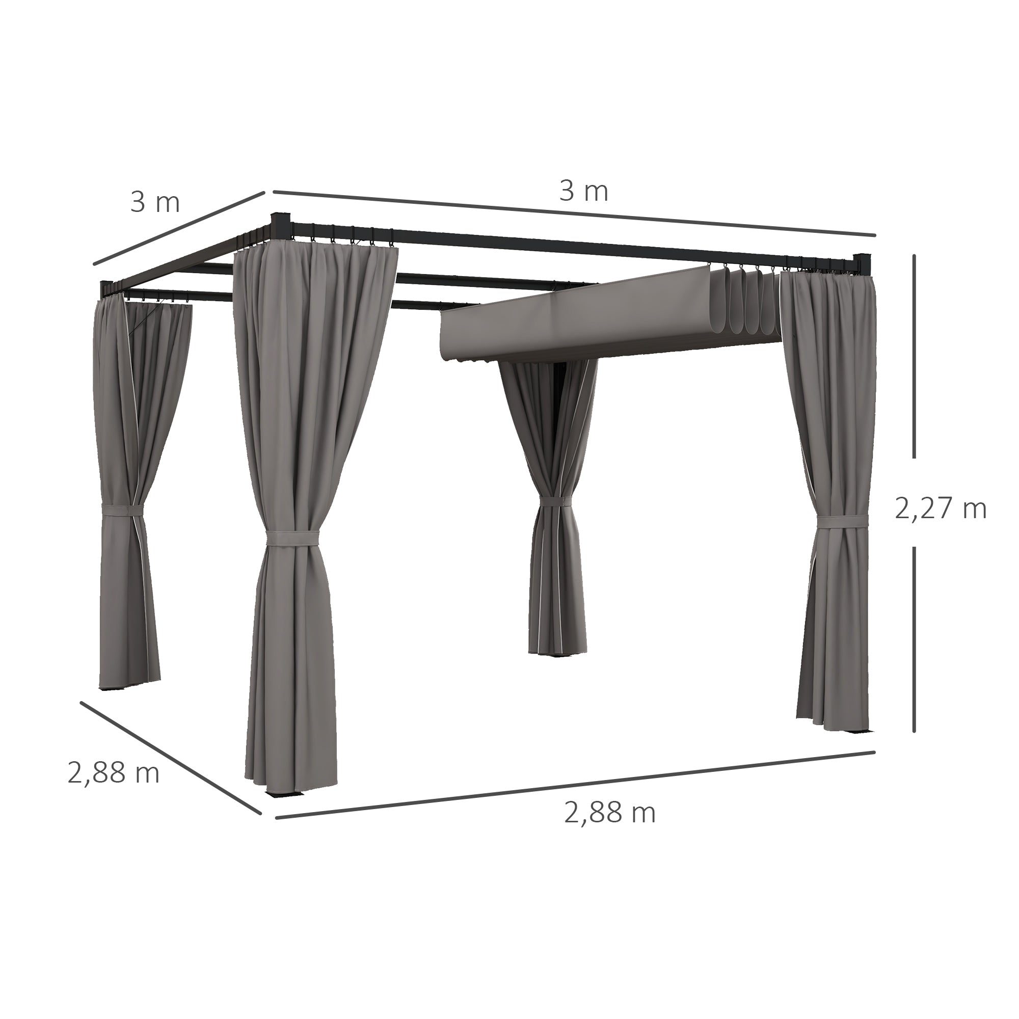 3 x 3m Moving Canopy Pergola with Curtains, Metal Grey