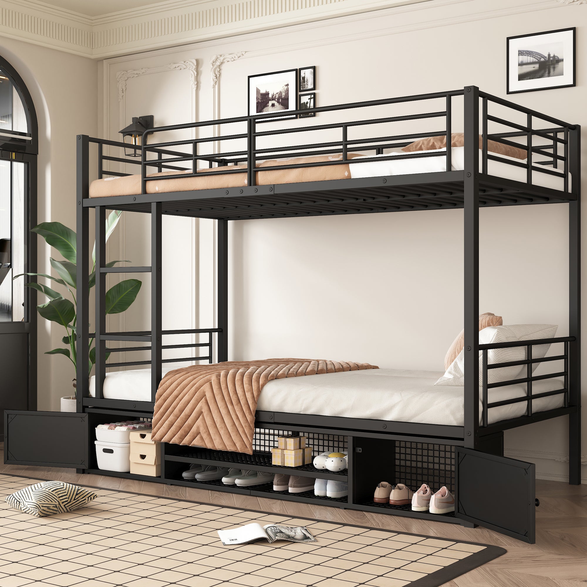 Iron Frame Bunk Bed with Storage, Ladder, and Safety Rail, 90x200cm, Black Iron