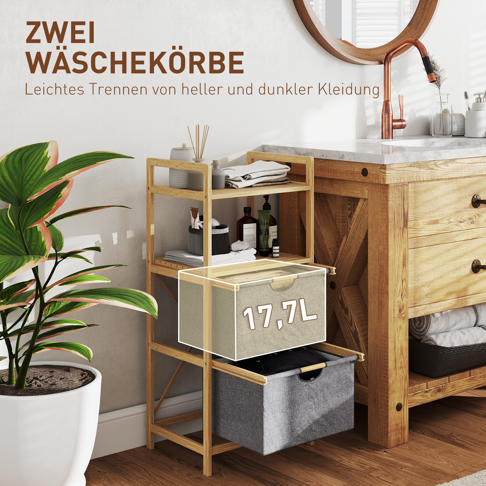 Laundry Basket with 2 Fabric Baskets, Open Shelves, Handle, Bamboo, Natural