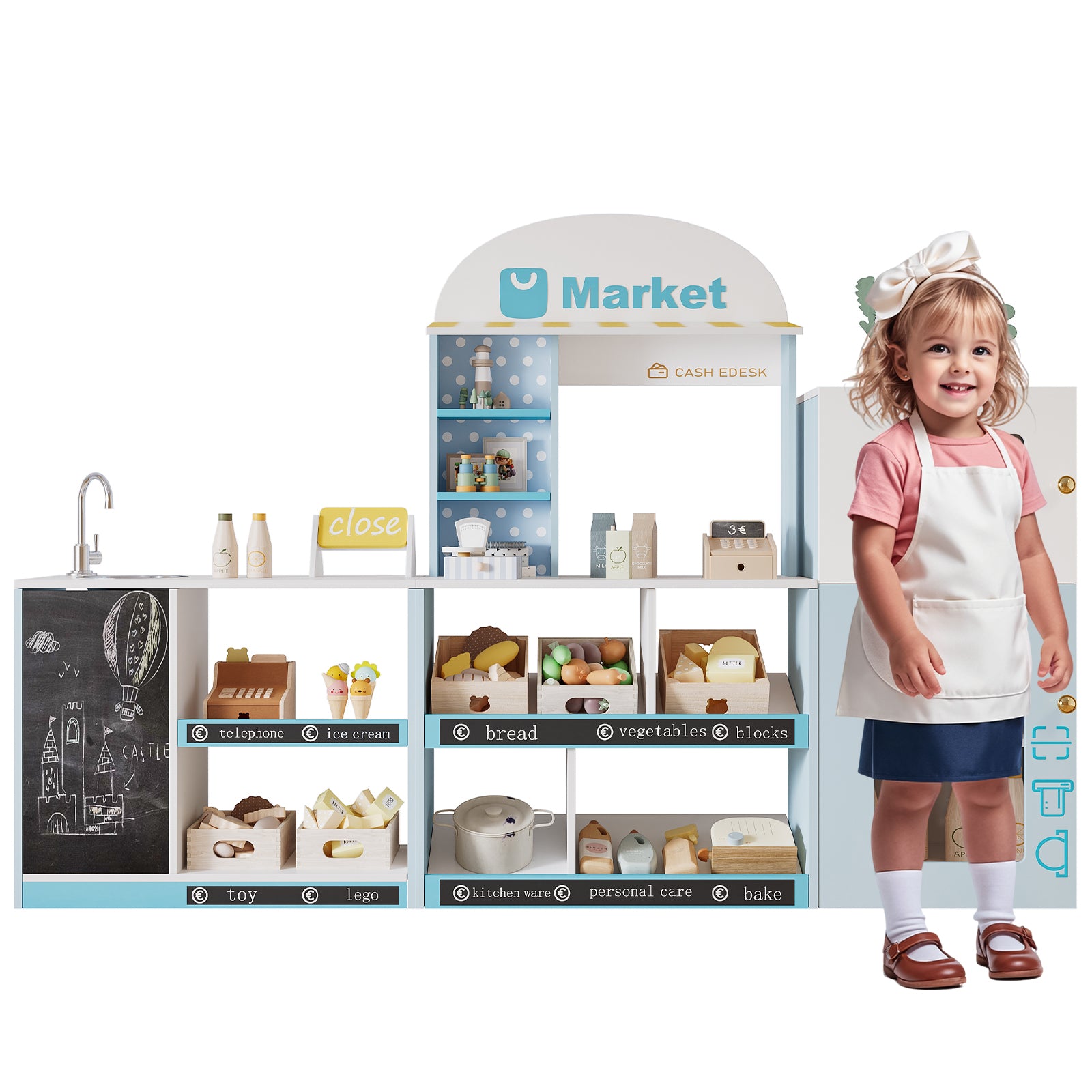 Children's Toy Shop with Shelves, Refrigerator and Chalkboard, Wood and Plastic, Blue
