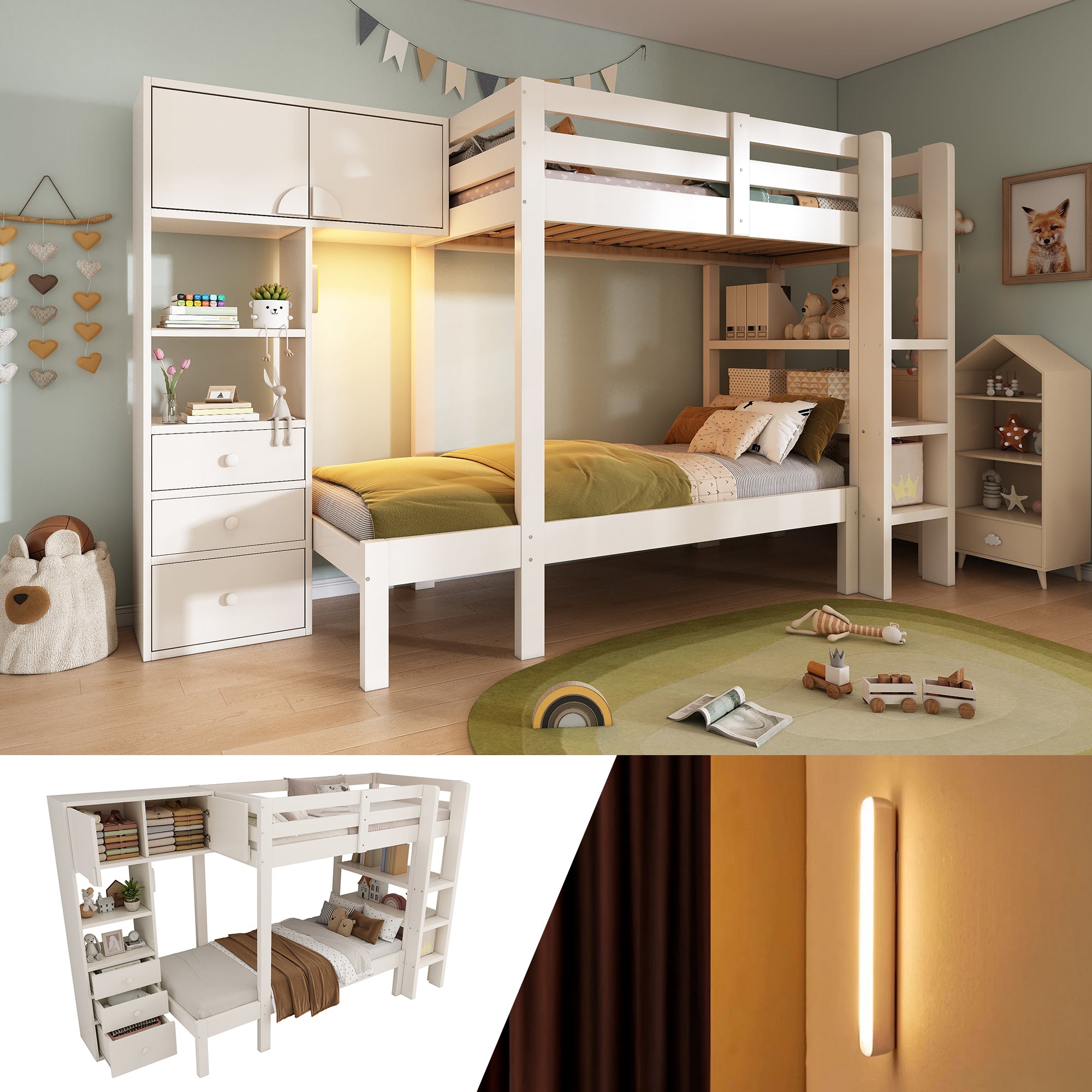 Bunk Bed 90x200cm Staggered Design Smart Night Light Wardrobe Storage, White