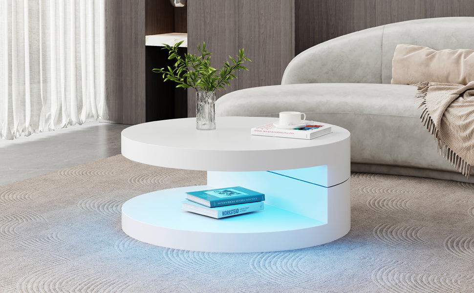 Coffee Table Swivel 360° LED Light Cylindrical MDF White