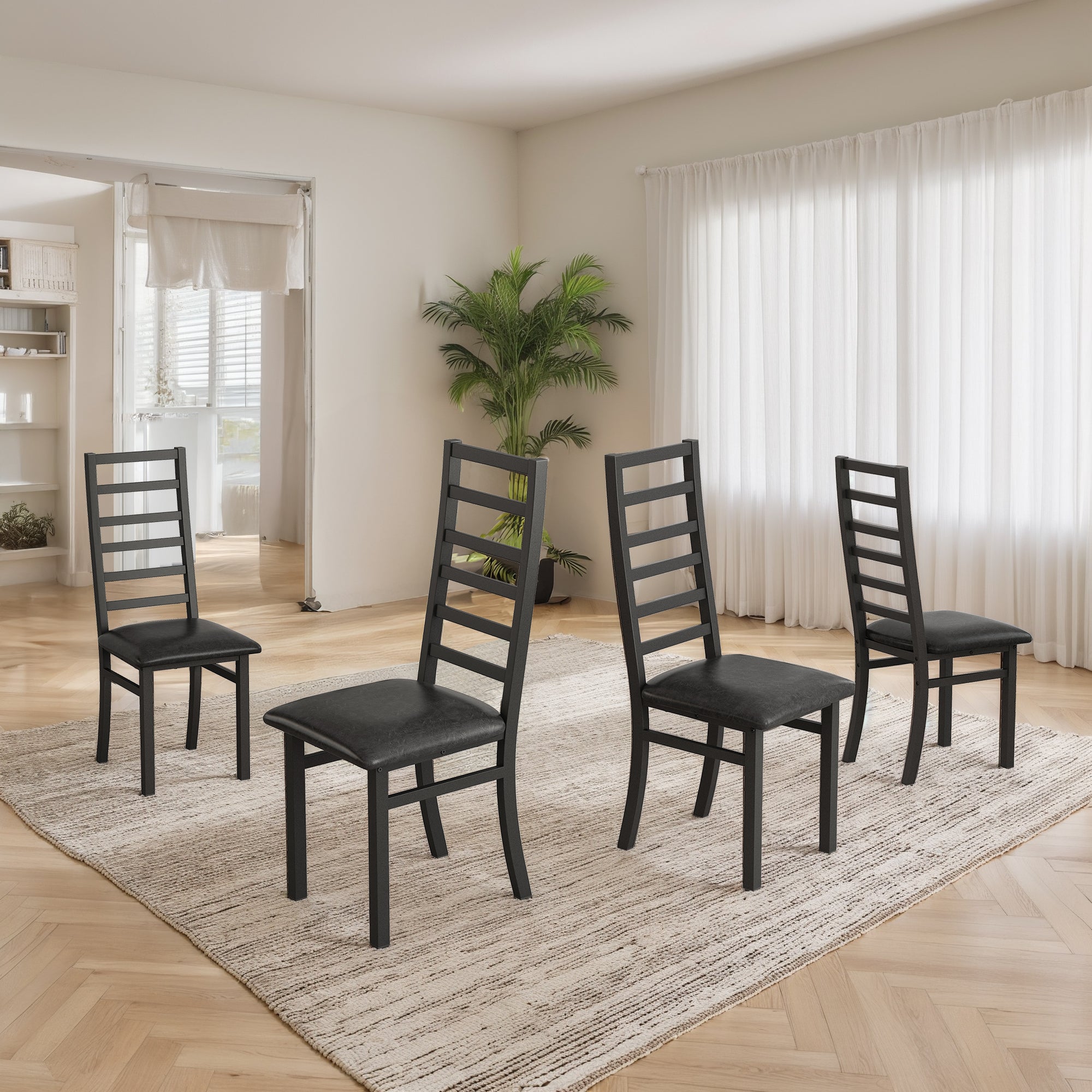 Metal Dining Chairs, Set of 4, High Back Armless, Steel Legs and PU Leather, Black