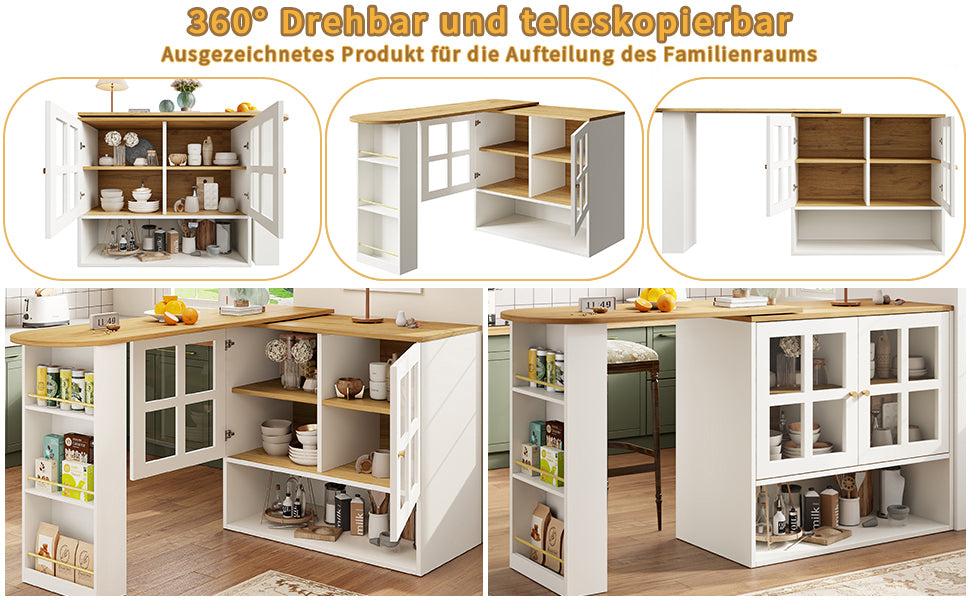 360° Rotating Sideboard - Multifunctional Dining Bar, 5 Shelves & Glass - White