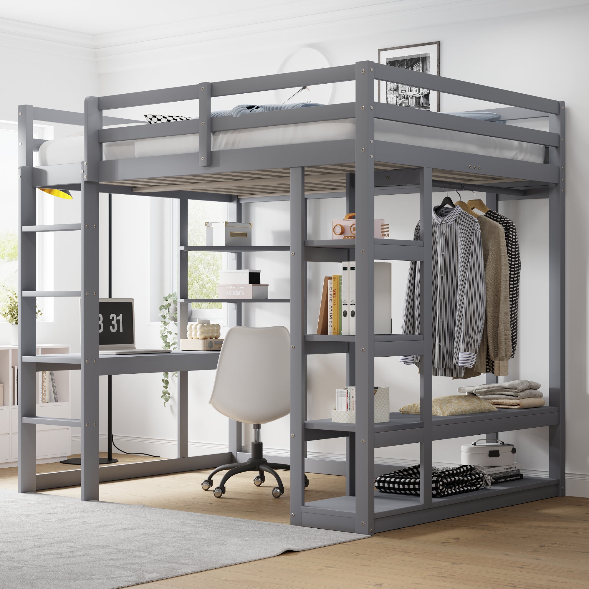 Loft Bed with Ladder, Table & Shelves, 140x200 cm, Solid Wood Grey