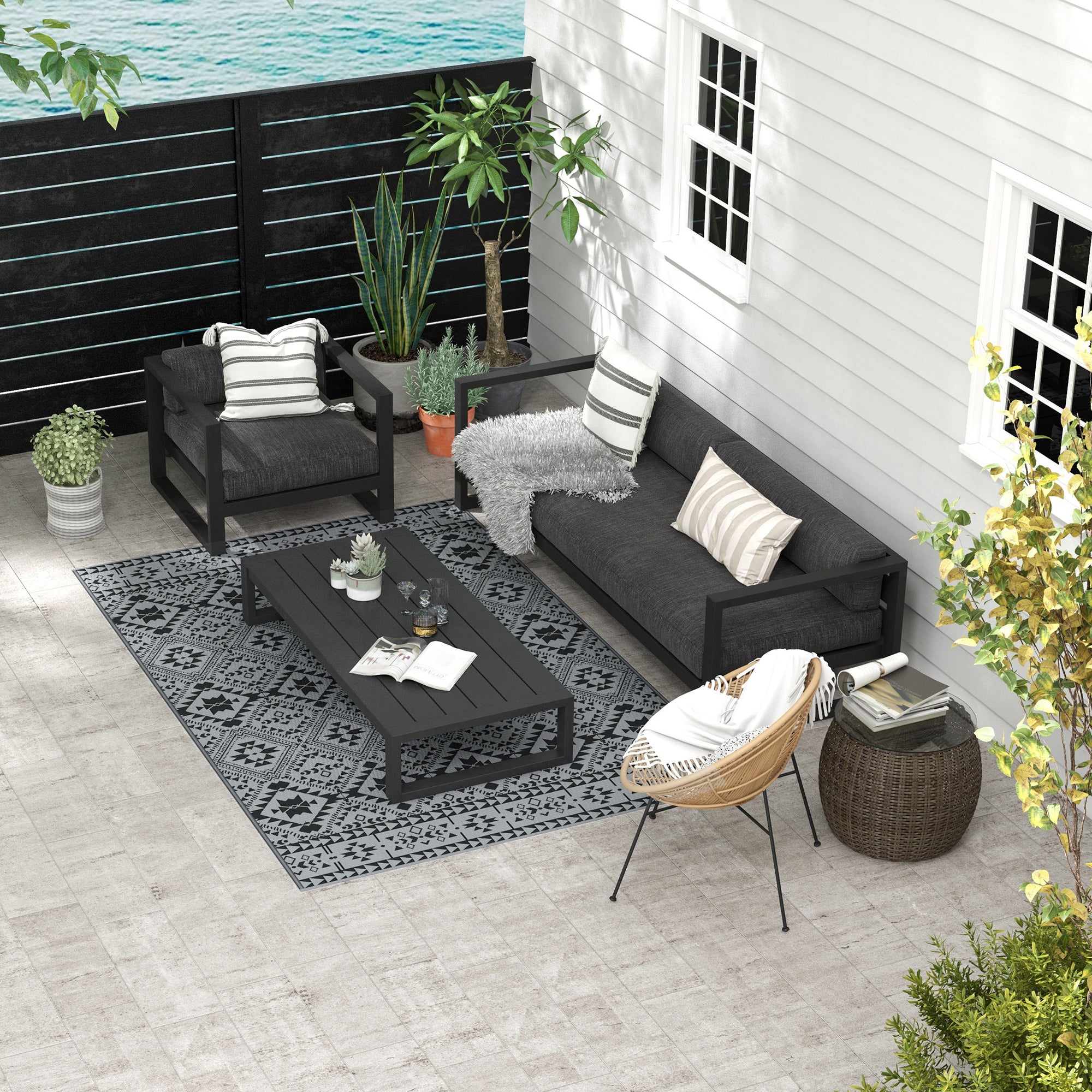 Outdoor Balcony Rug, Waterproof Geometric Eco-Friendly, Black+Grey