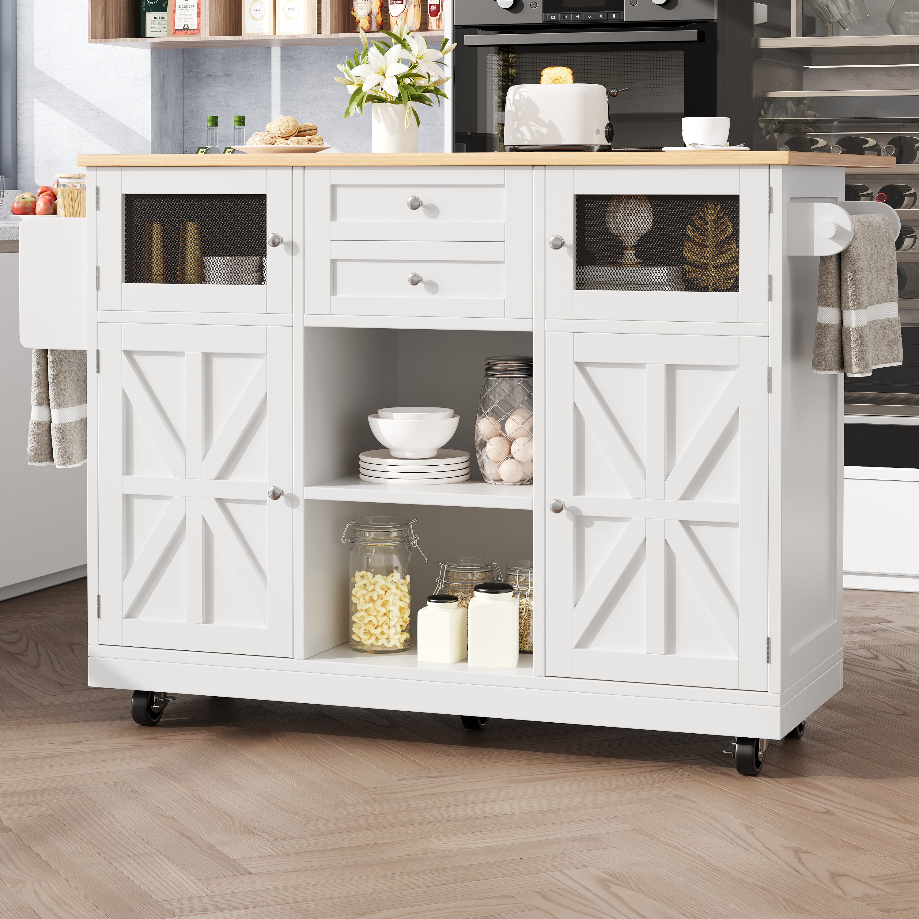 Kitchen Island Dining Trolley Sideboard Worktop Casters Adjustable Storage White