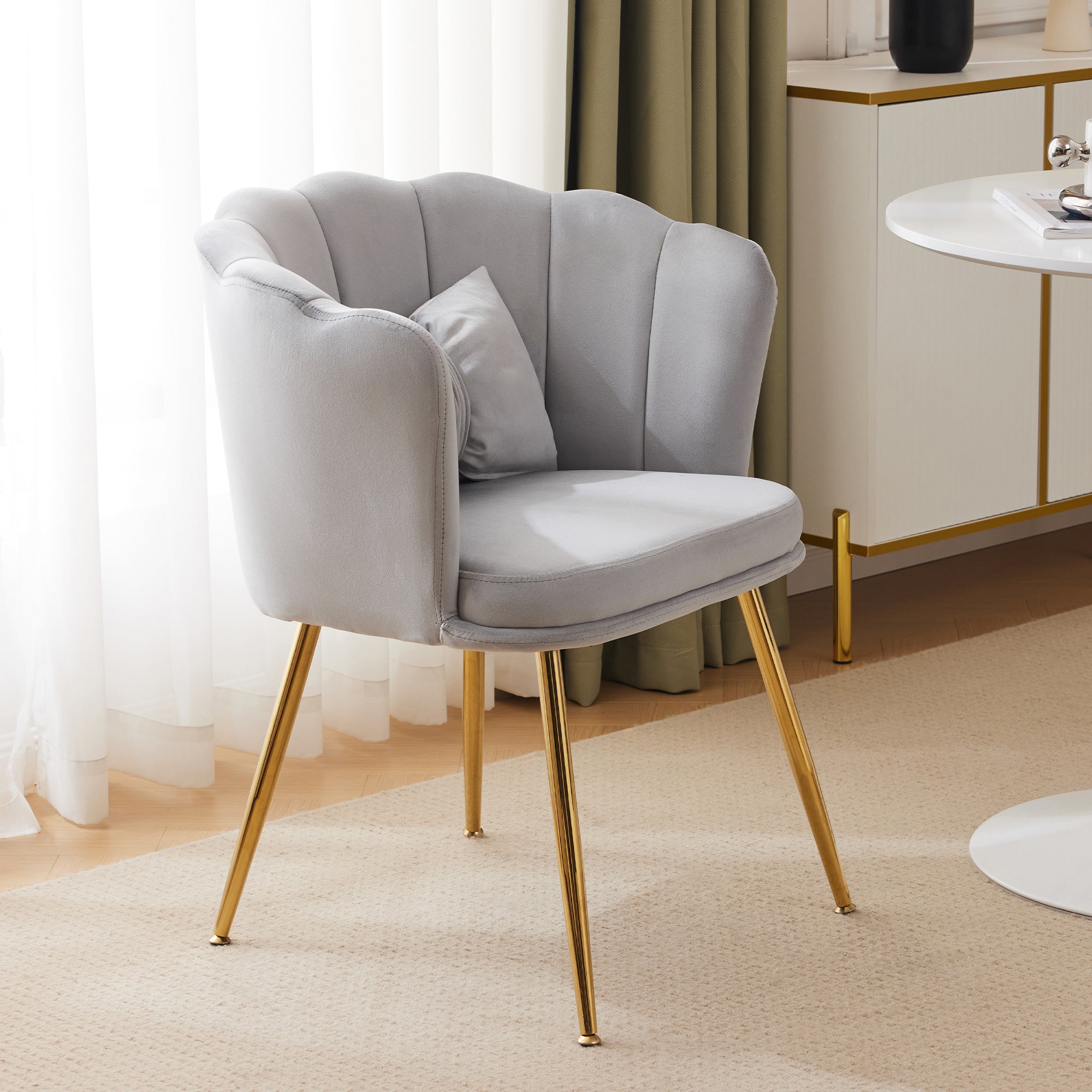 Modern Armchair, Velvet Upholstered Petal Back with Gold-Plated Metal Legs