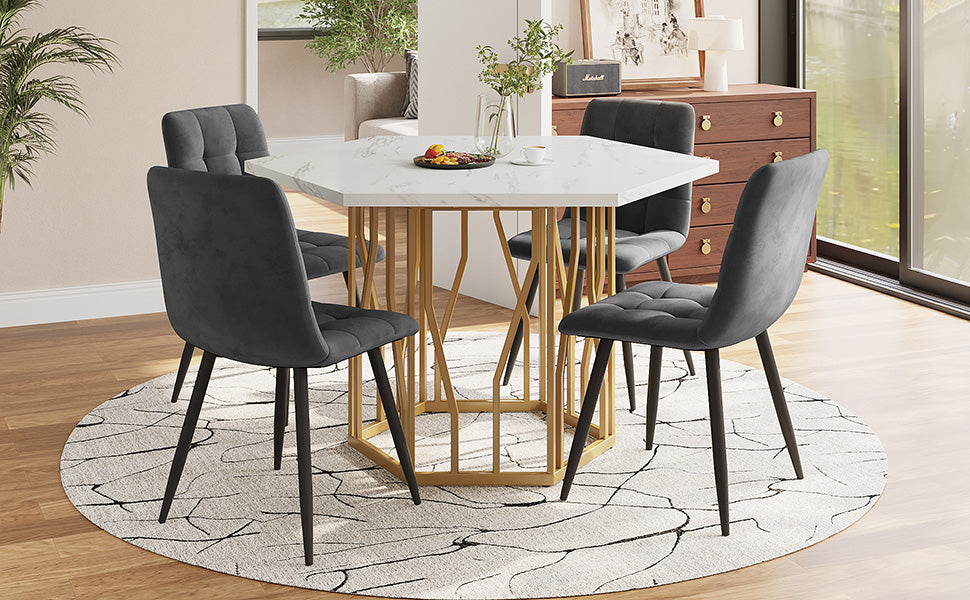 Dining Set 5-Piece Modern Hexagonal Marble Table 4 Grey Velvet Chairs Gold