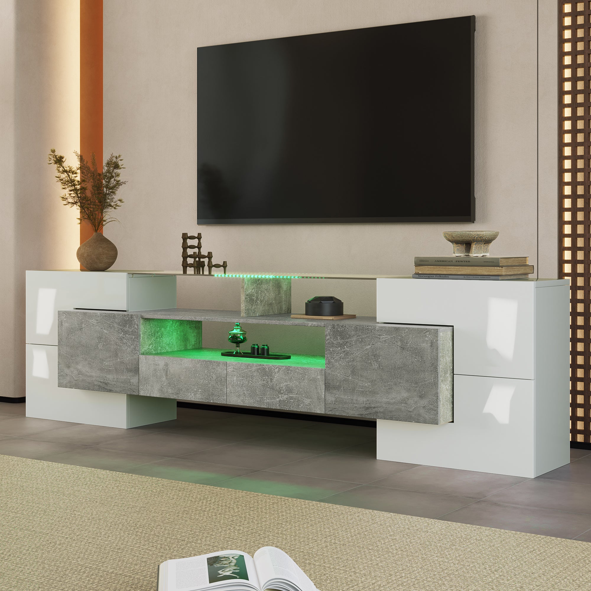 TV Cabinet Lowboard, 200 cm with LED Lighting & Glass Surface, High-Gloss White and Grey