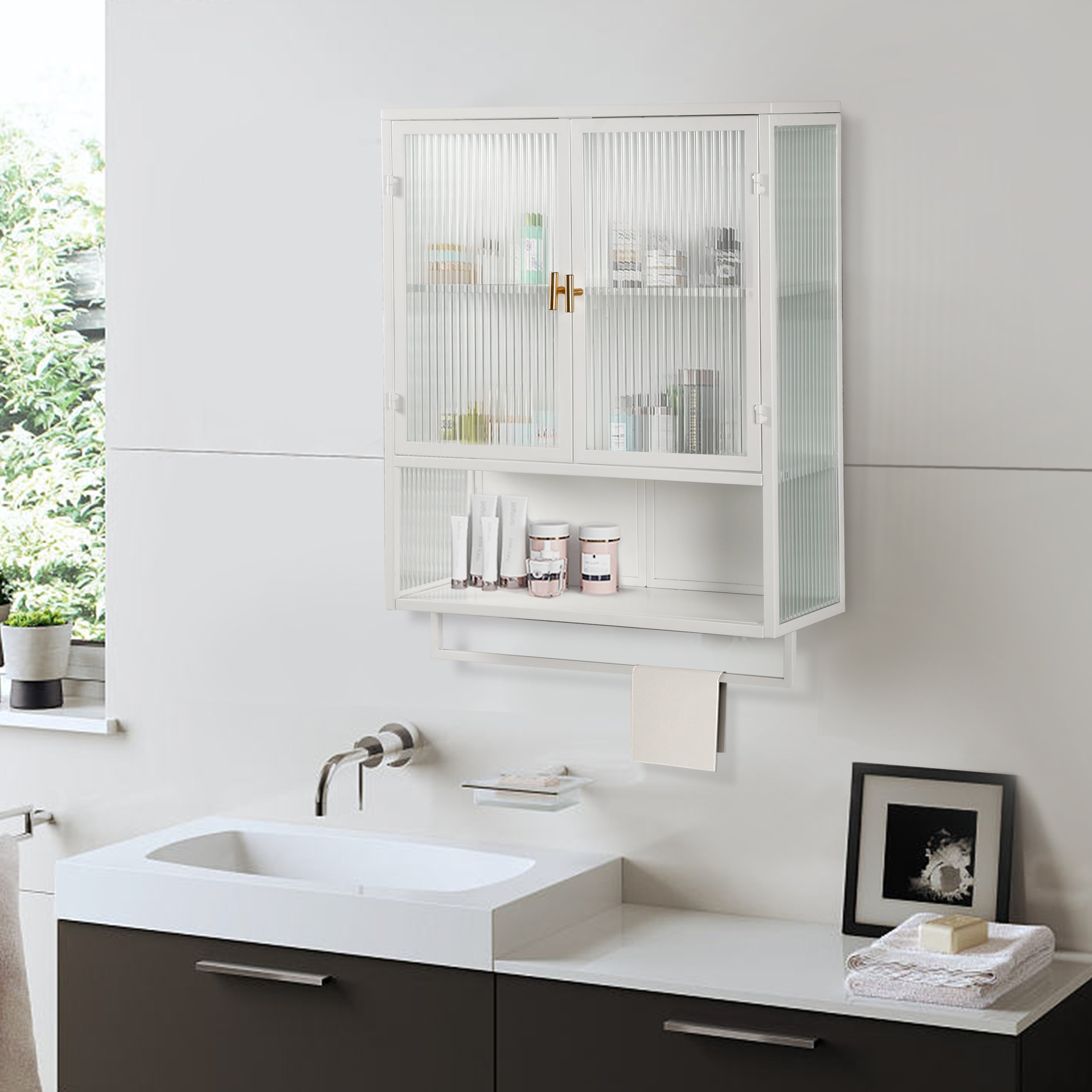 60CM Wall Cabinet with Glass Doors, Two-tier Enclosed Storage, Open Shelf, Towel Rack, White