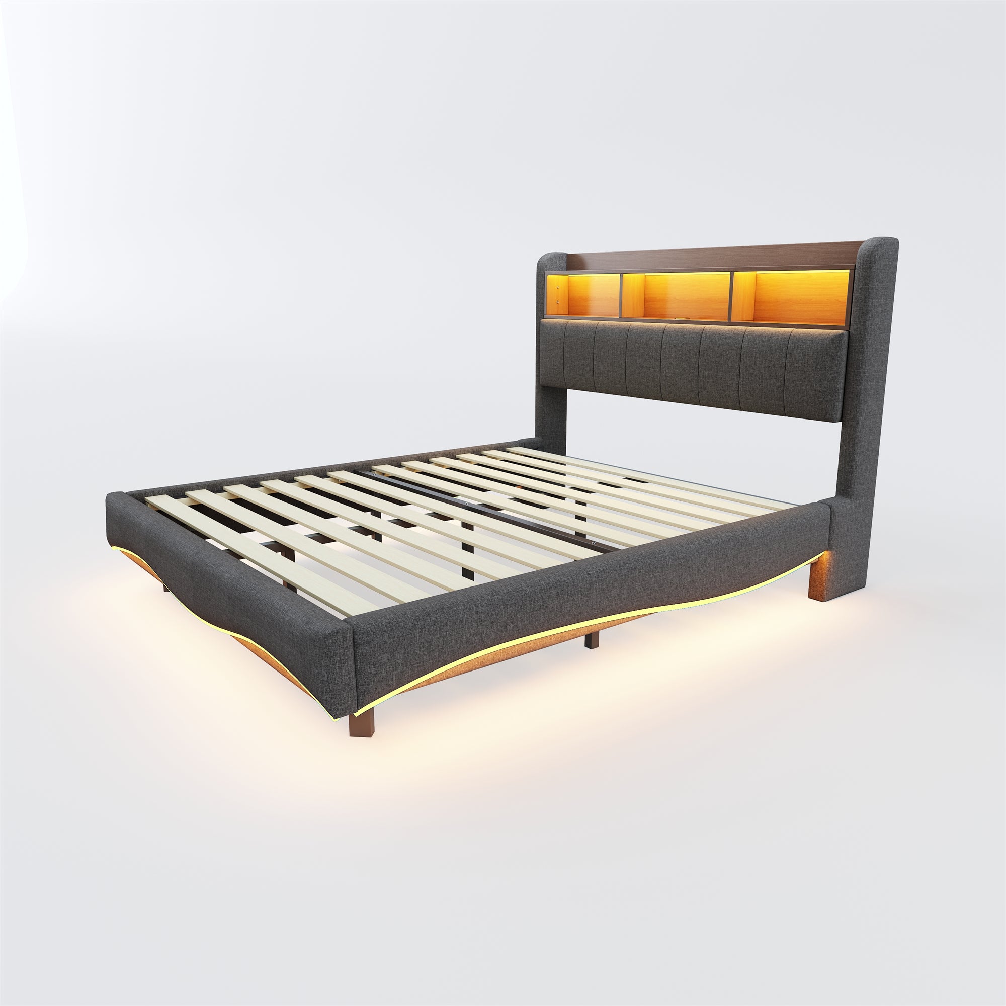 Suspended Design Upholstered Bed, Multifunctional Storage, LED, USB, Type-C, Linen Fabric Gray