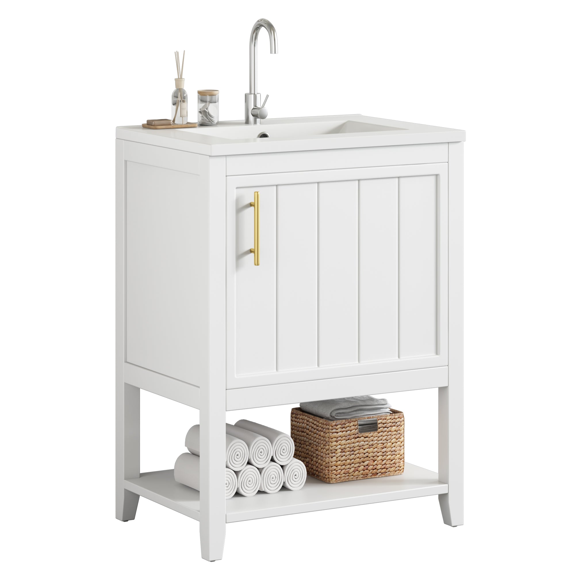 Bathroom Vanity Unit 60cm with Ceramic Washbasin & Shelf, White