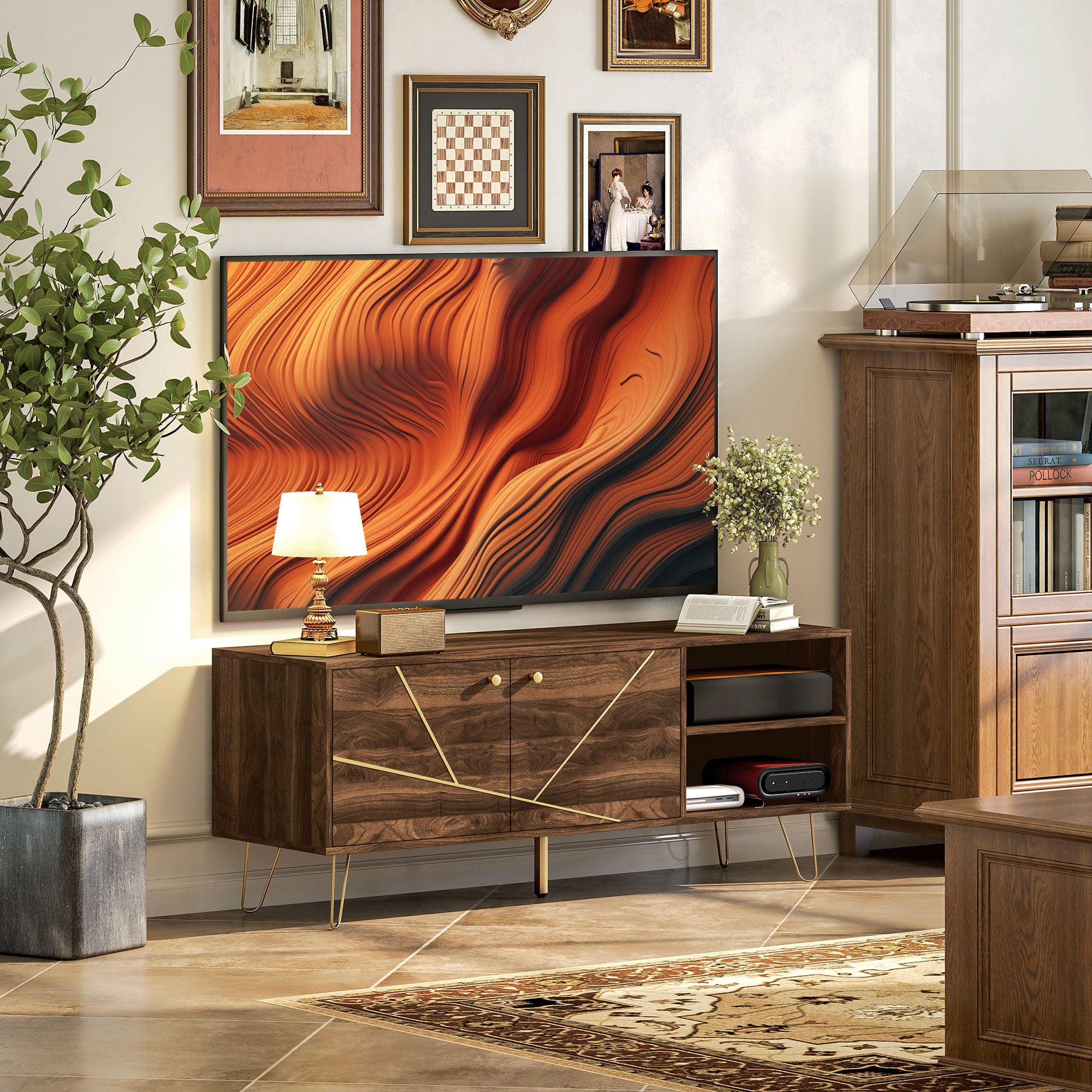 TV Stand Cabinet, Modern 130cm with Adjustable Shelves, Hairpin Legs, Double Door, Brown