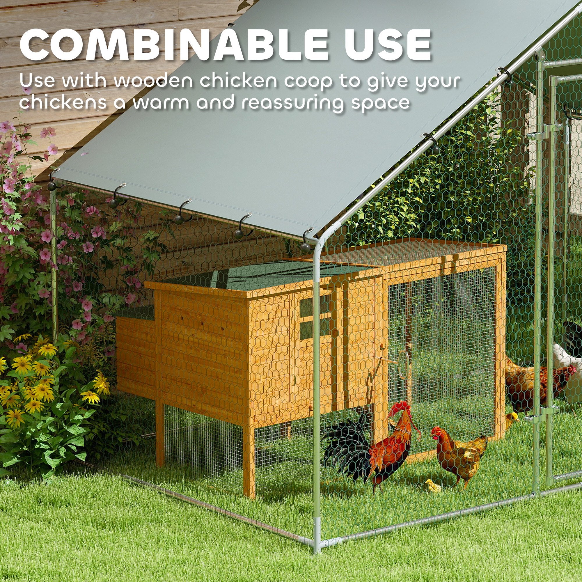 Chicken Coop Free-Range Enclosure, 3x1.7x1.9 m, Lock, Galvanized Steel, Silver