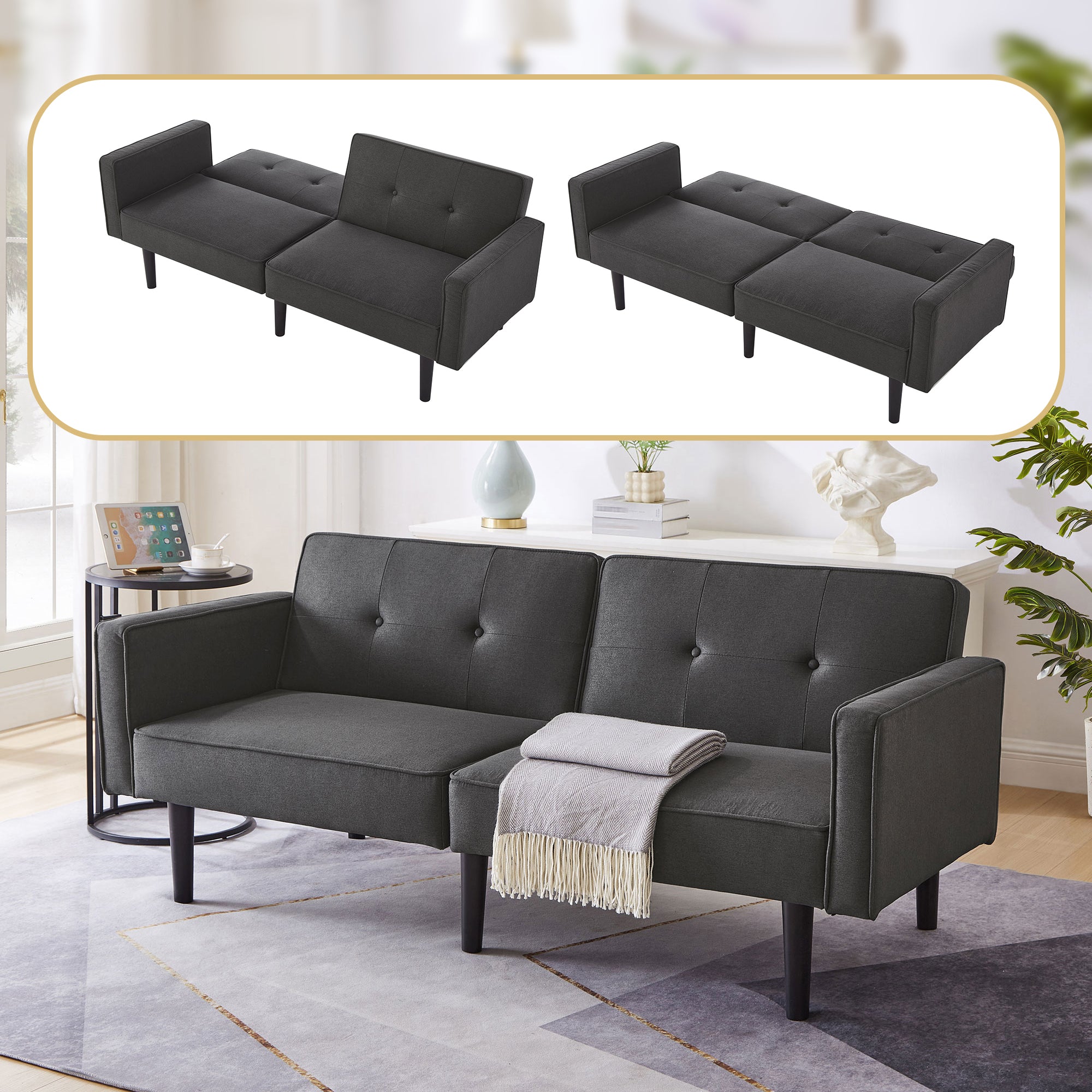 Sofa Bed, Multifunctional 2-in-1, Adjustable Backrests, Cotton Linen Fabric