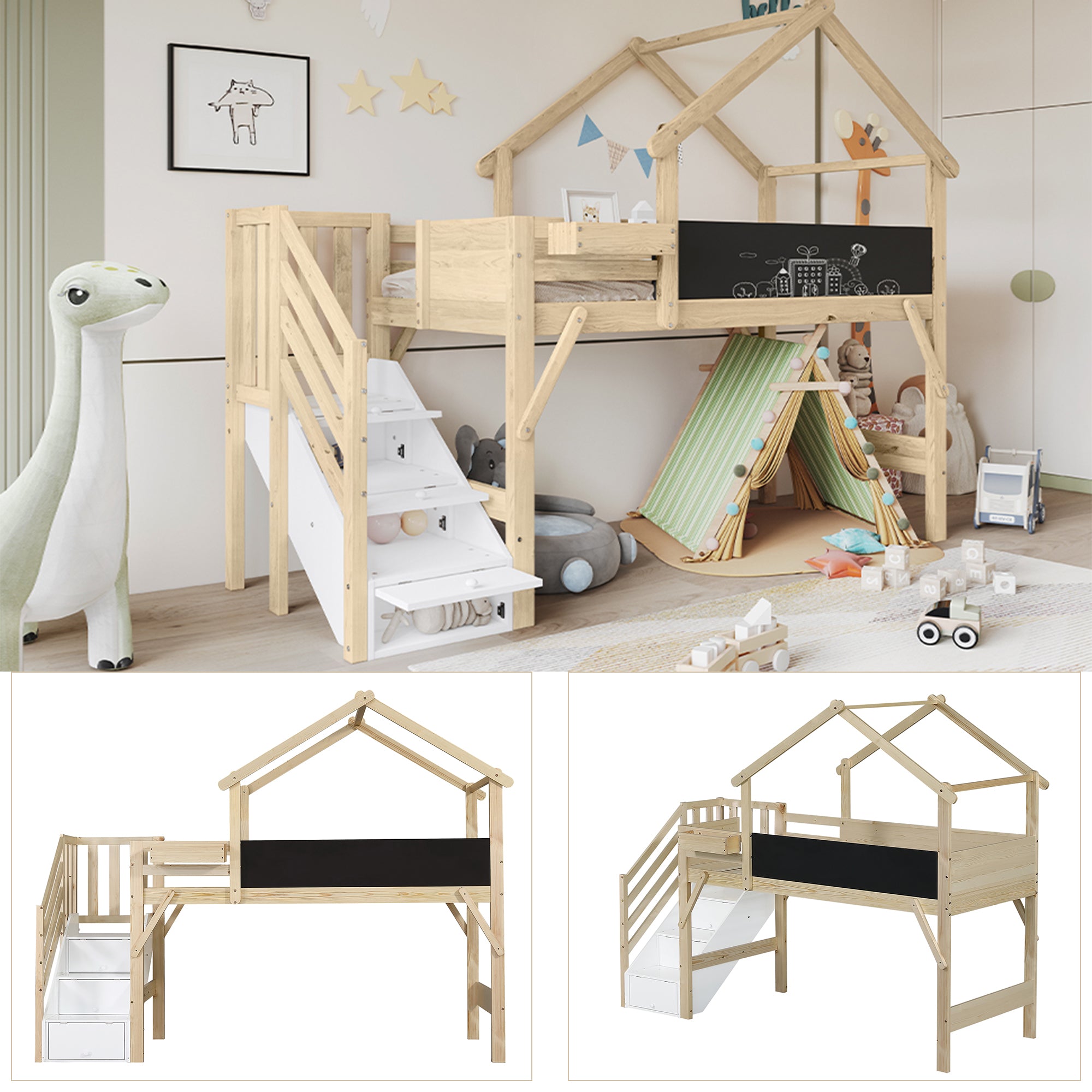 Children's Bunk Bed Roof Design Chalkboard Storage Stairs 90x200cm, White/Natural Pine/MDF/Plywood