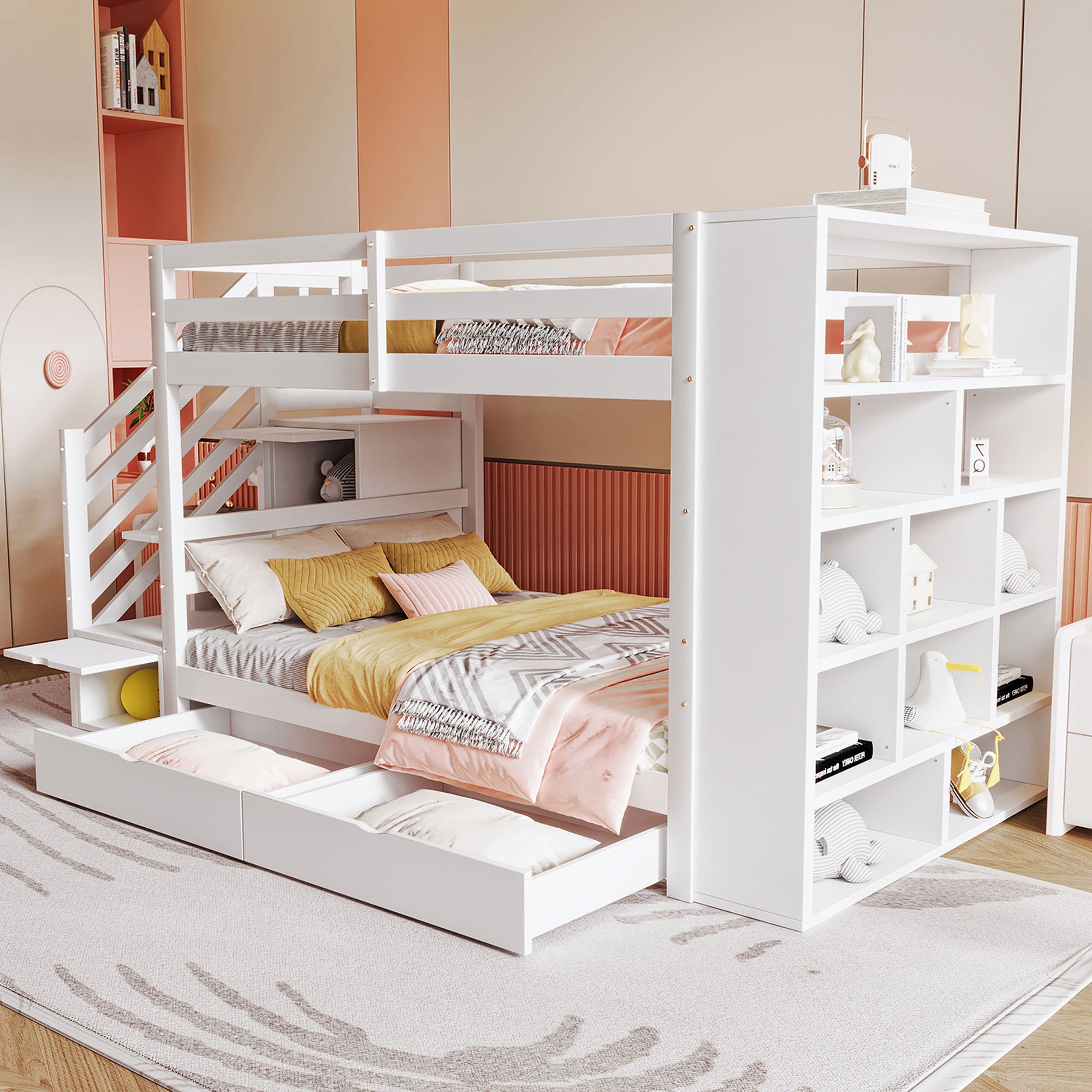 Bunk Bed, 90x200cm, Safety Ladder, Storage & Lockers, Pine Wood, White