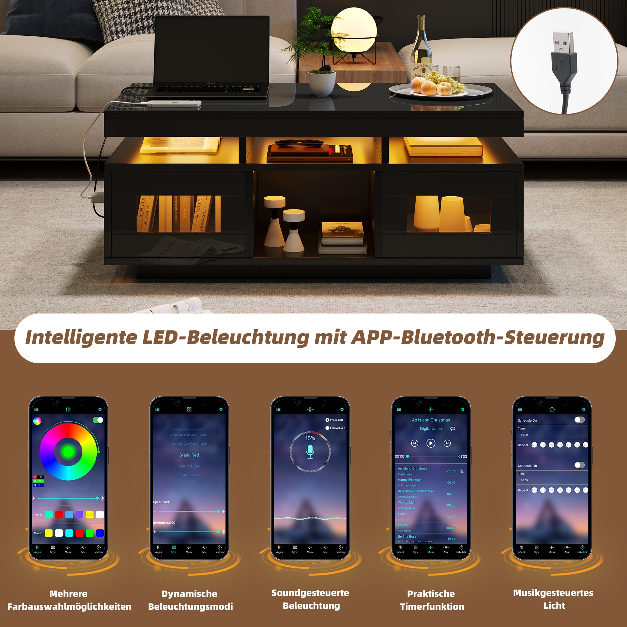 Coffee Table 100x50x43cm High-Gloss LED Lights Charging Port Black